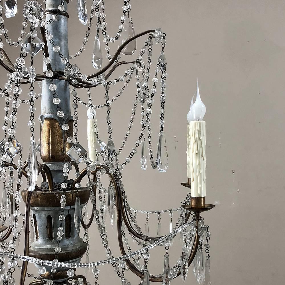 Antique 19th Century Italian Crystal and Silver Leaf Carved Wood Chandelier In Good Condition In Dallas, TX