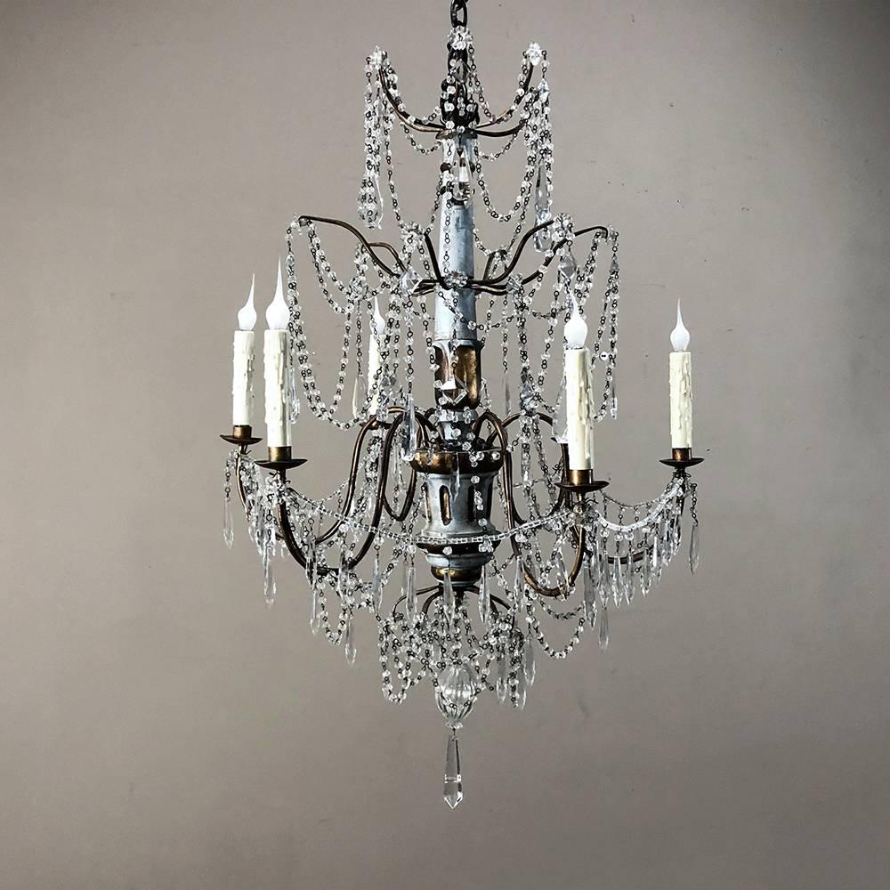 Antique 19th Century Italian Crystal and Silver Leaf Carved Wood Chandelier 1