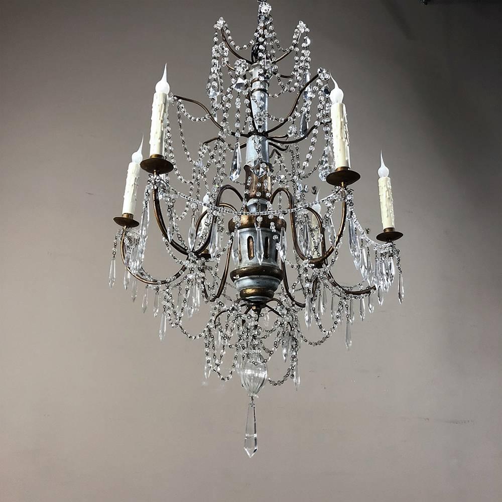 Antique 19th Century Italian Crystal and Silver Leaf Carved Wood Chandelier 2