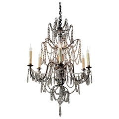 Antique 19th Century Italian Crystal and Silver Leaf Carved Wood Chandelier