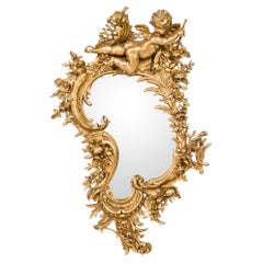 Antique 19th Century Italian Gold Rococo Wall Mirror with Large Cherub or Putti
