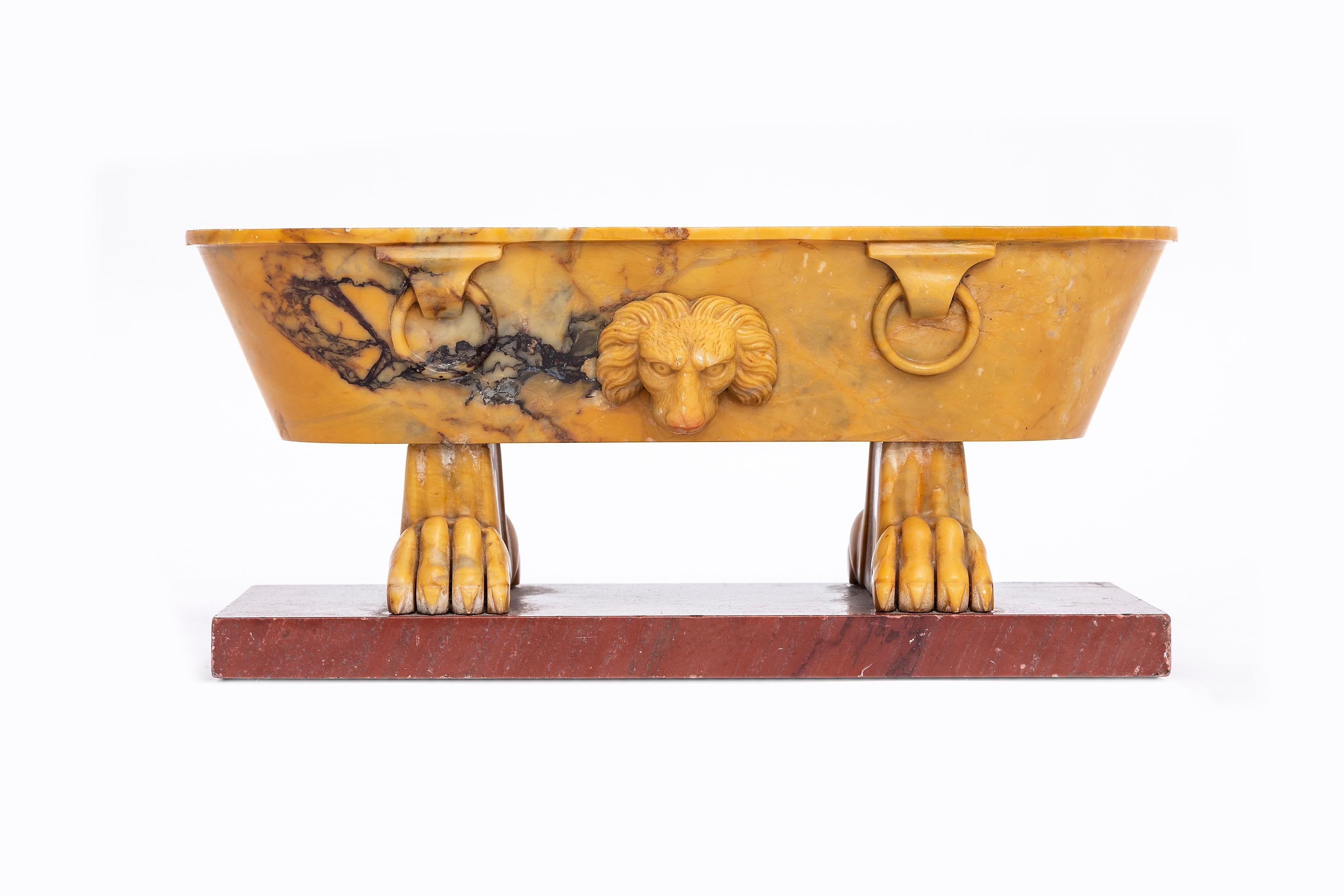 Magnifique modèle de sarcophage en marbre de Sienne du 19e siècle, sur une base en marbre rouge.  Cette pièce est modelée à la manière de Benedetto Boschetti, avec un bassin en marbre de Sienne sur une base en marbre rouge. Le marbre de Sienne a la