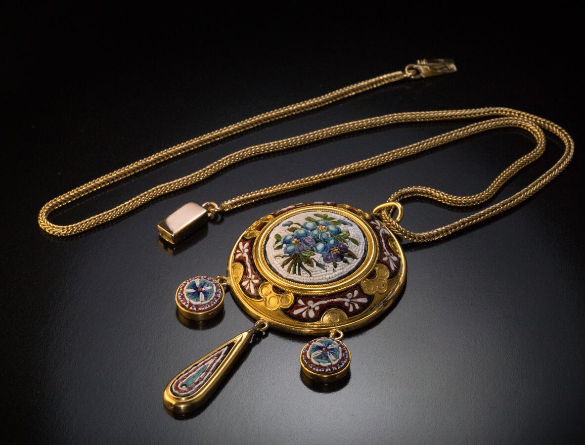 Antique 19th Century Italian Micro Mosaic Gold Necklace For Sale at ...