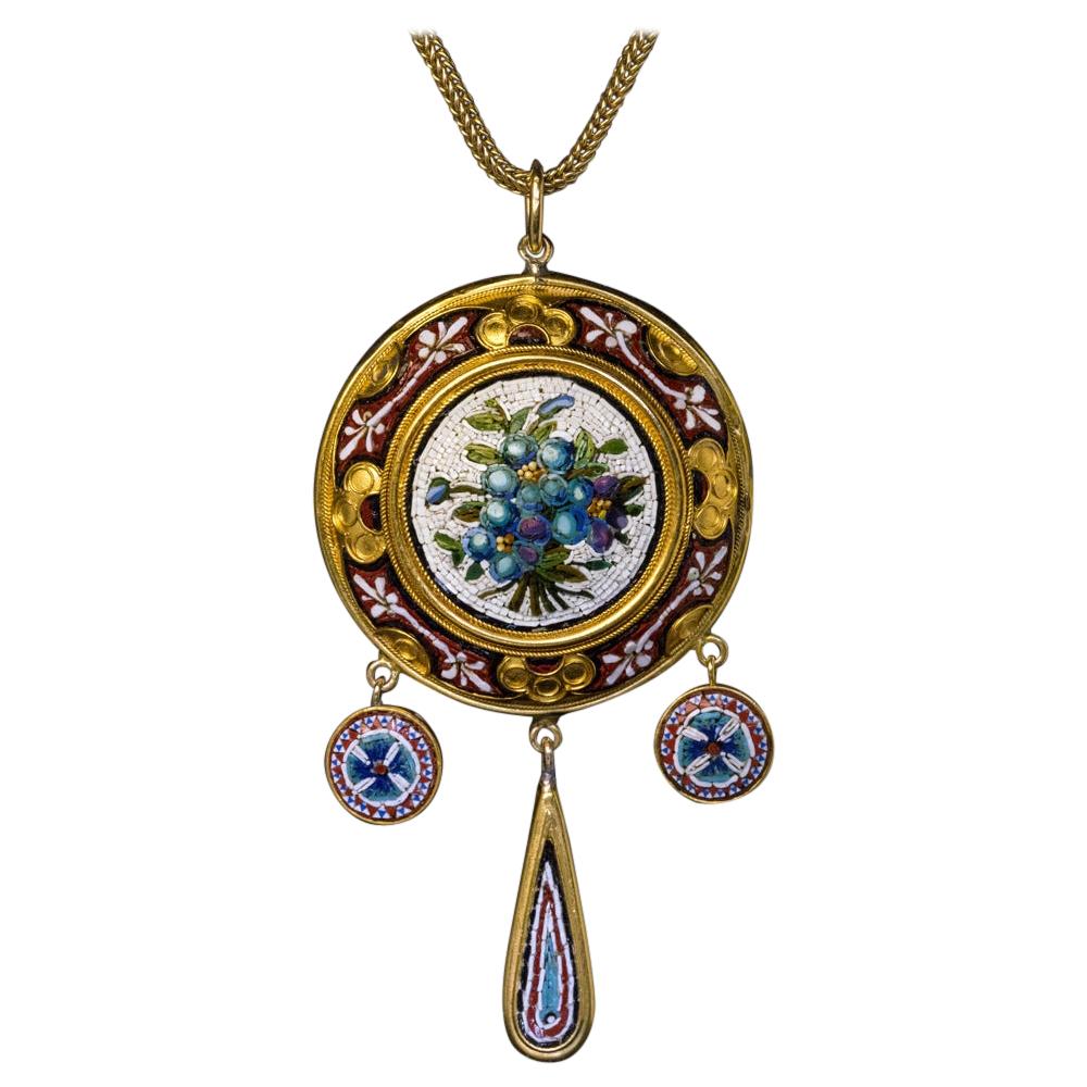 Antique 19th Century Italian Micro Mosaic Gold Necklace