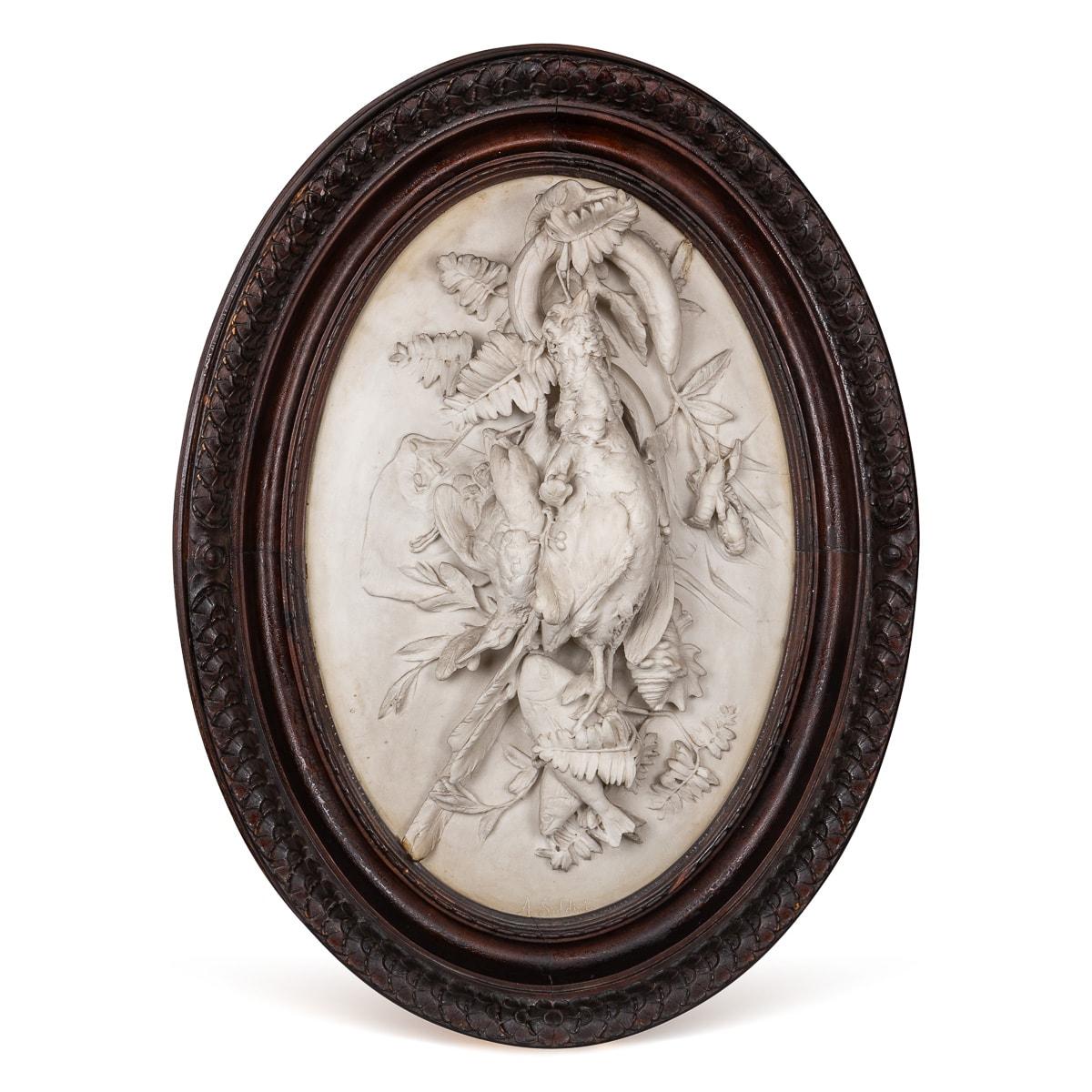 Antique 19th Century pair of Italian nature morte marble plaques, crafted by Arnoldo Soldini (1861-1936), using the famous white marble sourced from Carrara. One plaque showcases birds and a hare, while the other features a fish and grouse. Each