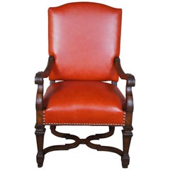 Antique 19th Century Italian Oak Armchair Tuscan Spanish Revival Orange Leather