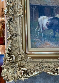 Antique 19th Century Italian Oil on Canvas Cow Painting Set in Gold Leaf Frame.