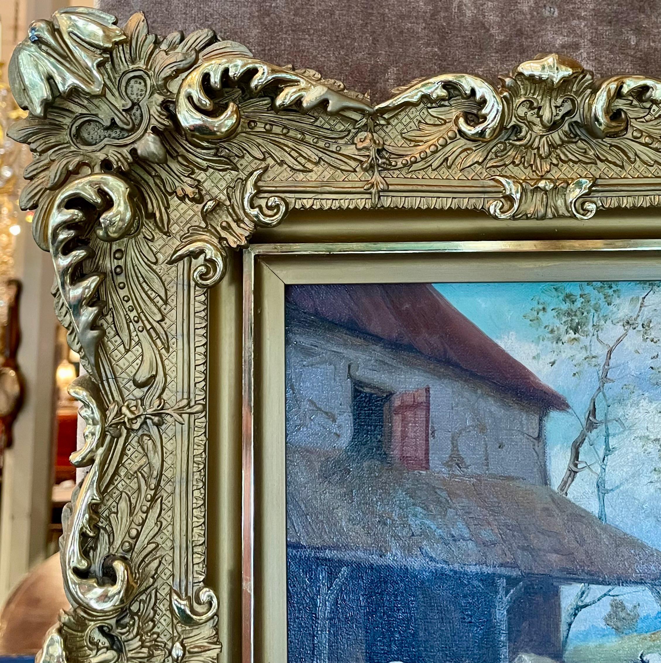 Ancienne huile sur toile italienne du 19e siècle représentant une vache dans un cadre en feuilles d'or. Bon état - En vente à New Orleans, LA
