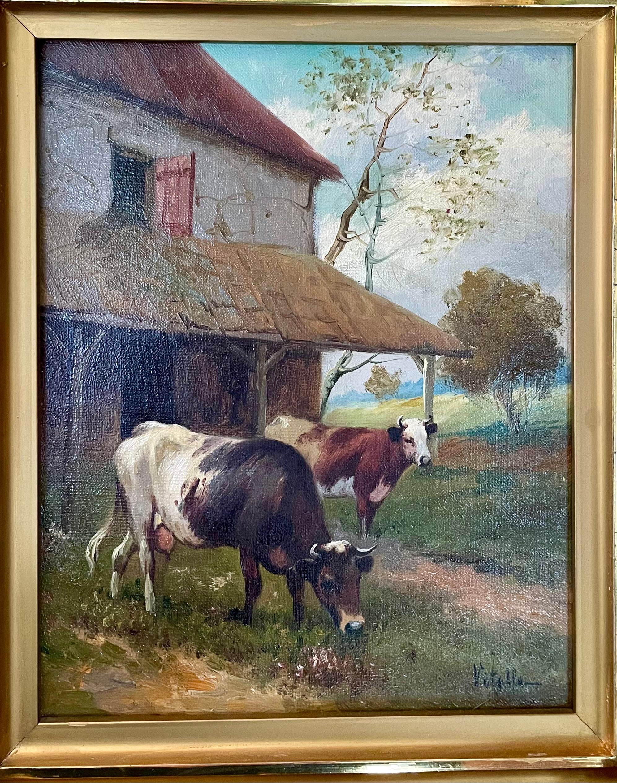 XIXe siècle Ancienne huile sur toile italienne du 19e siècle représentant une vache dans un cadre en feuilles d'or. en vente