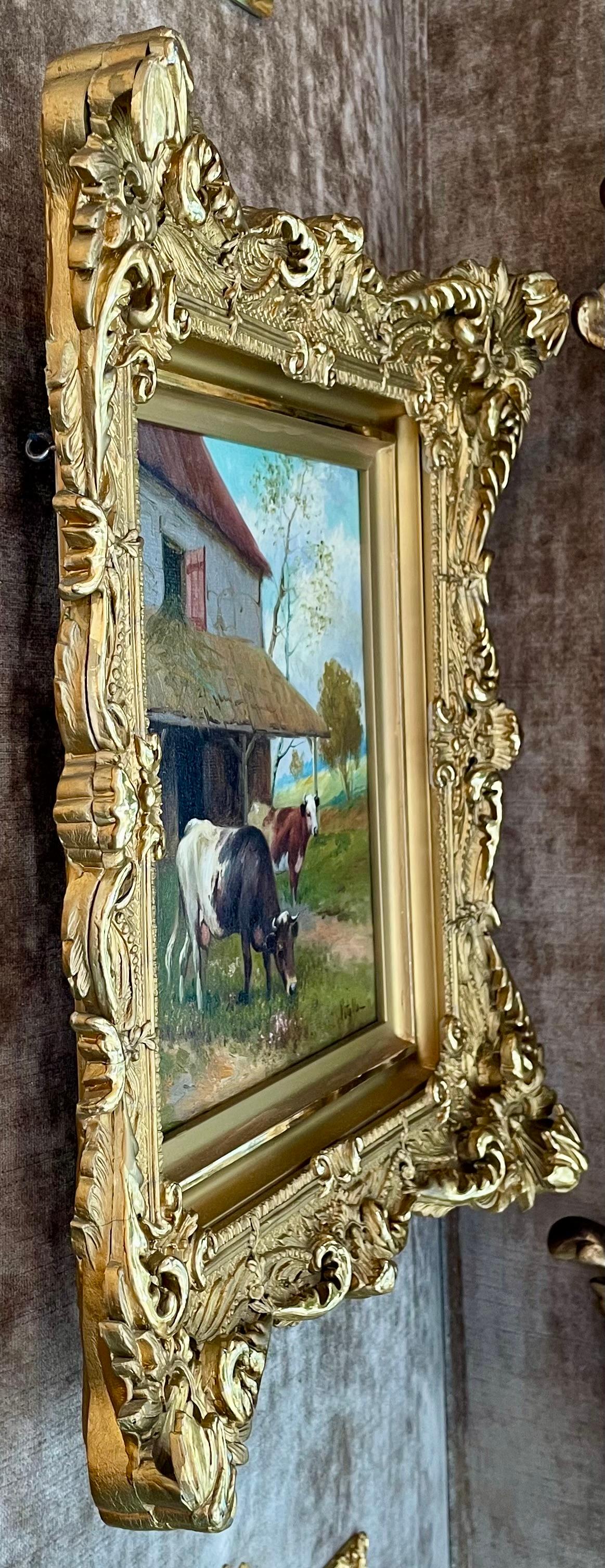Ancienne huile sur toile italienne du 19e siècle représentant une vache dans un cadre en feuilles d'or. en vente 1