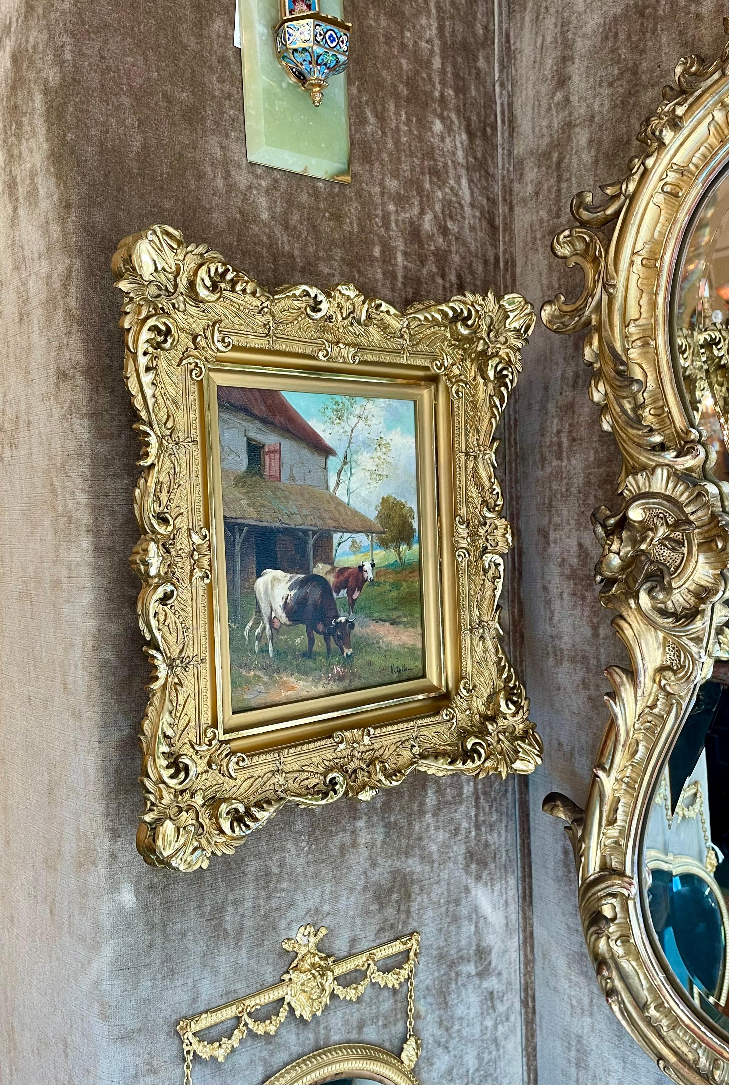 Ancienne huile sur toile italienne du 19e siècle représentant une vache dans un cadre en feuilles d'or. en vente 2