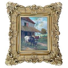 Antique 19th Century Italian Oil on Canvas Cow Painting Set in Gold Leaf Frame.