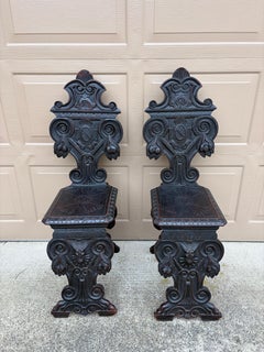 Antique 19th Century Italian Renaissance Carved Walnut Hall Chairs, Pair