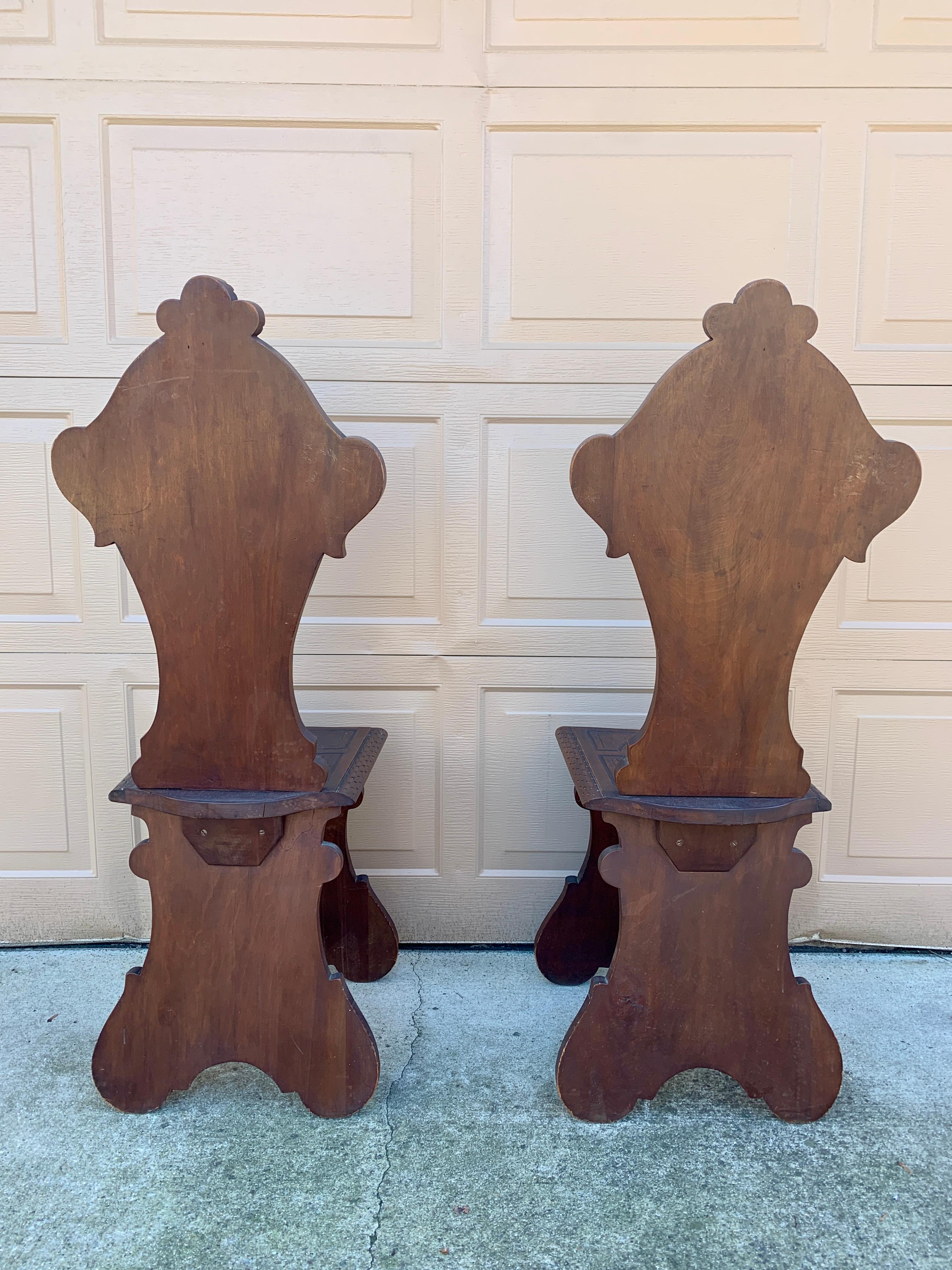 Antique 19th Century Italian Renaissance Hand Carved Walnut Hall Chairs, Pair For Sale 9