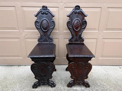 Antique 19th Century Italian Renaissance Hand Carved Walnut Hall Chairs, Pair