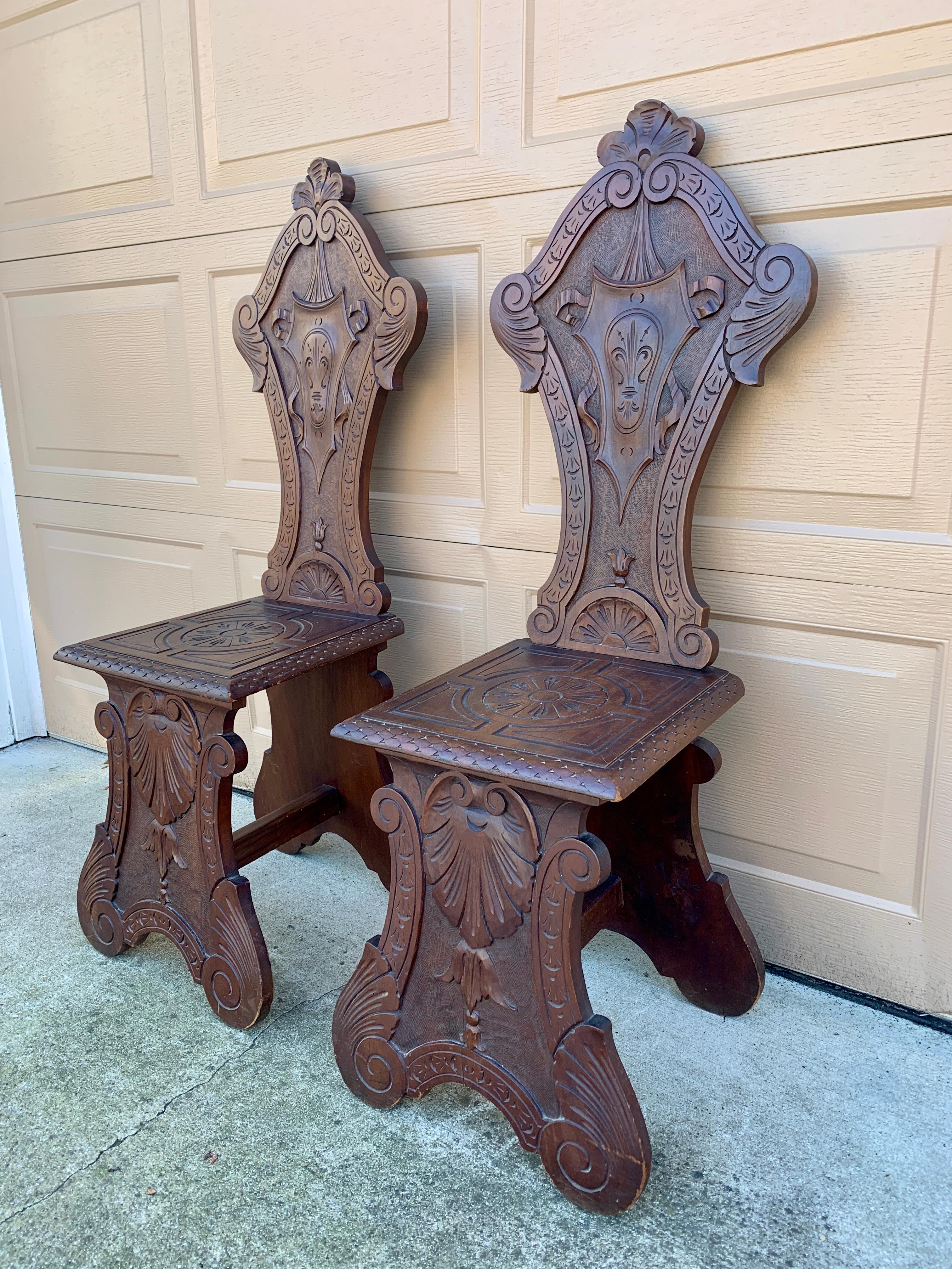 Antique 19th Century Italian Renaissance Hand Carved Walnut Hall Chairs, Pair For Sale 1