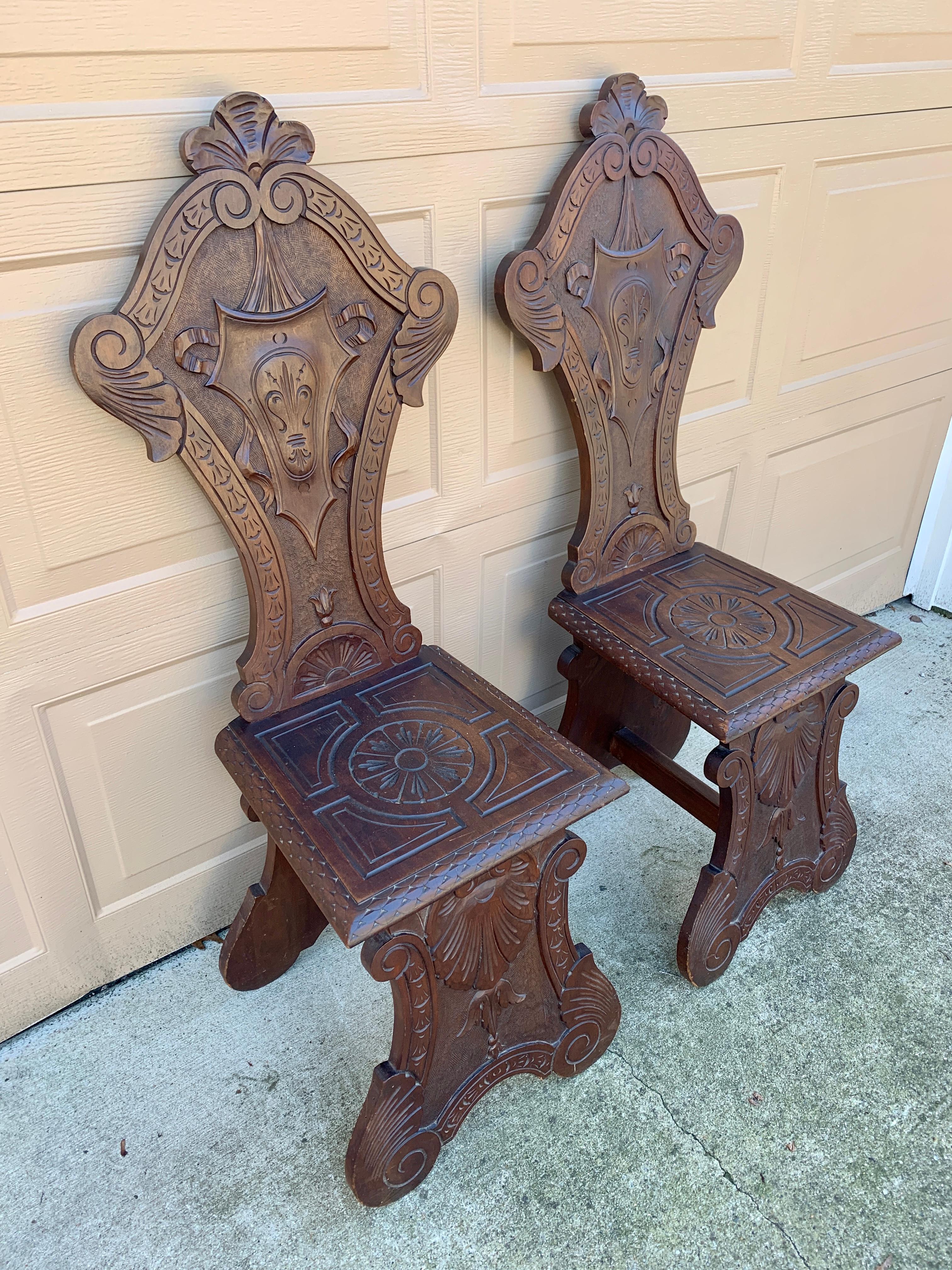 Antique 19th Century Italian Renaissance Hand Carved Walnut Hall Chairs, Pair For Sale 2