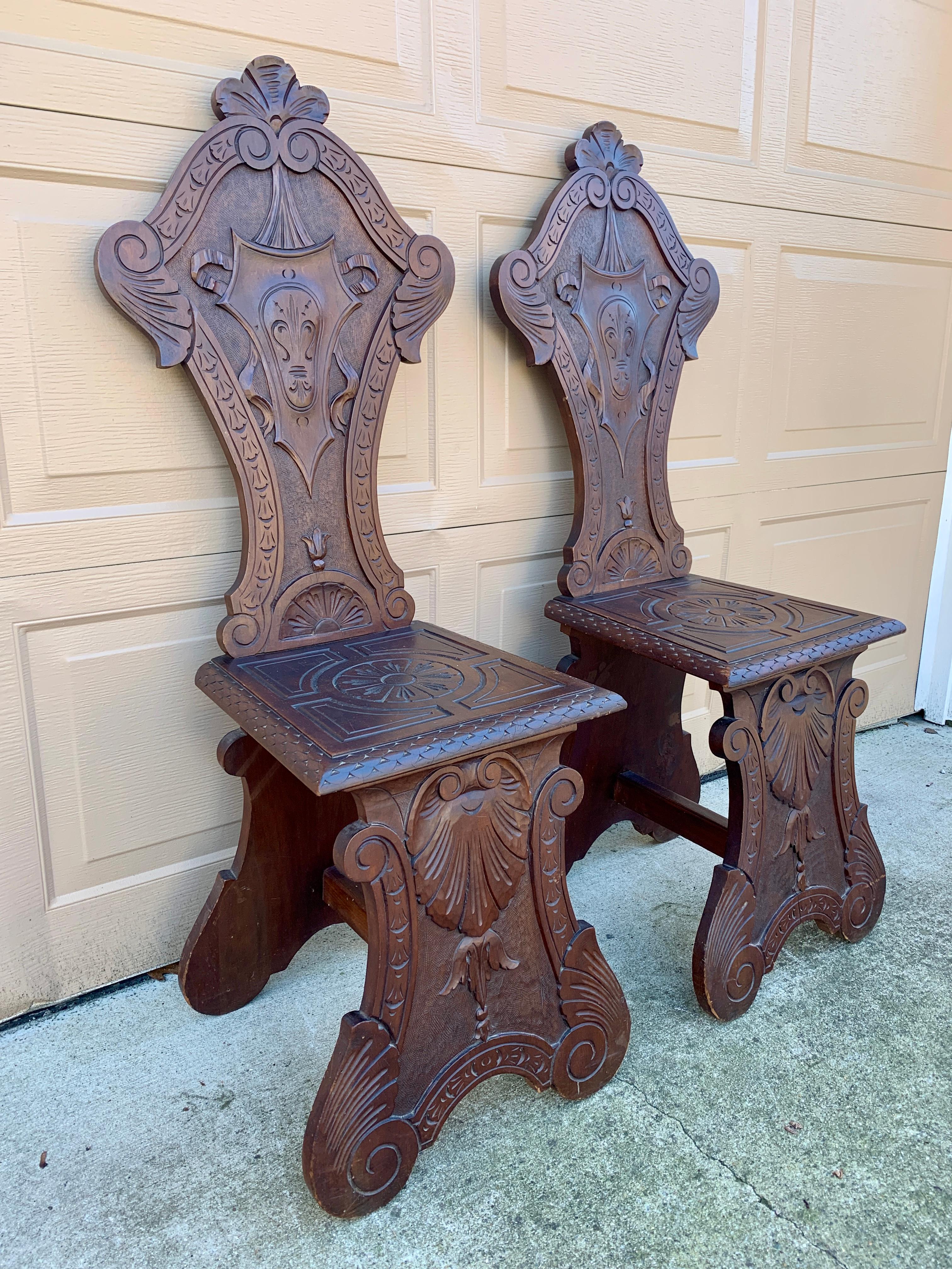 Antique 19th Century Italian Renaissance Hand Carved Walnut Hall Chairs, Pair For Sale 3