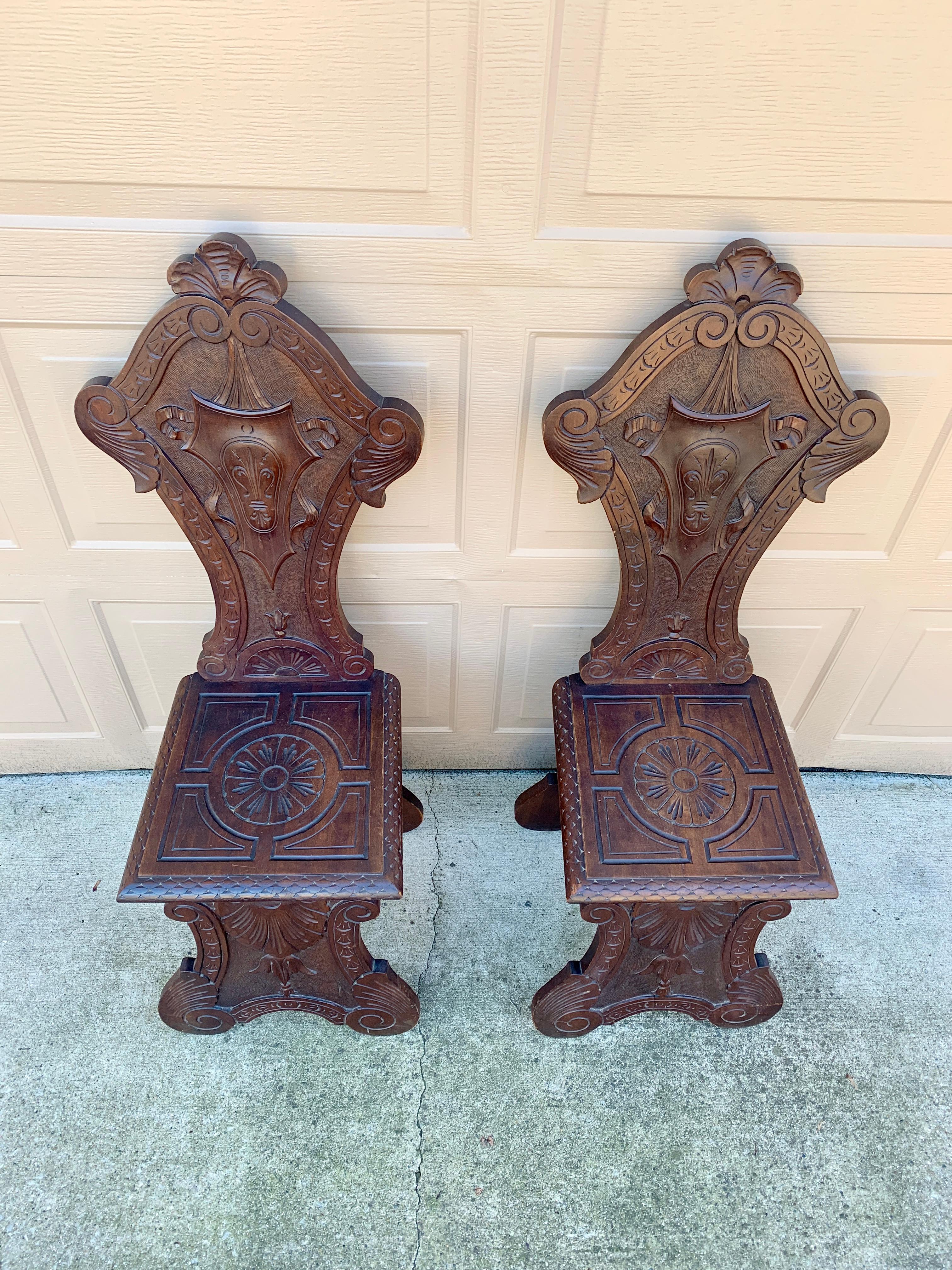 Antique 19th Century Italian Renaissance Hand Carved Walnut Hall Chairs, Pair For Sale 4