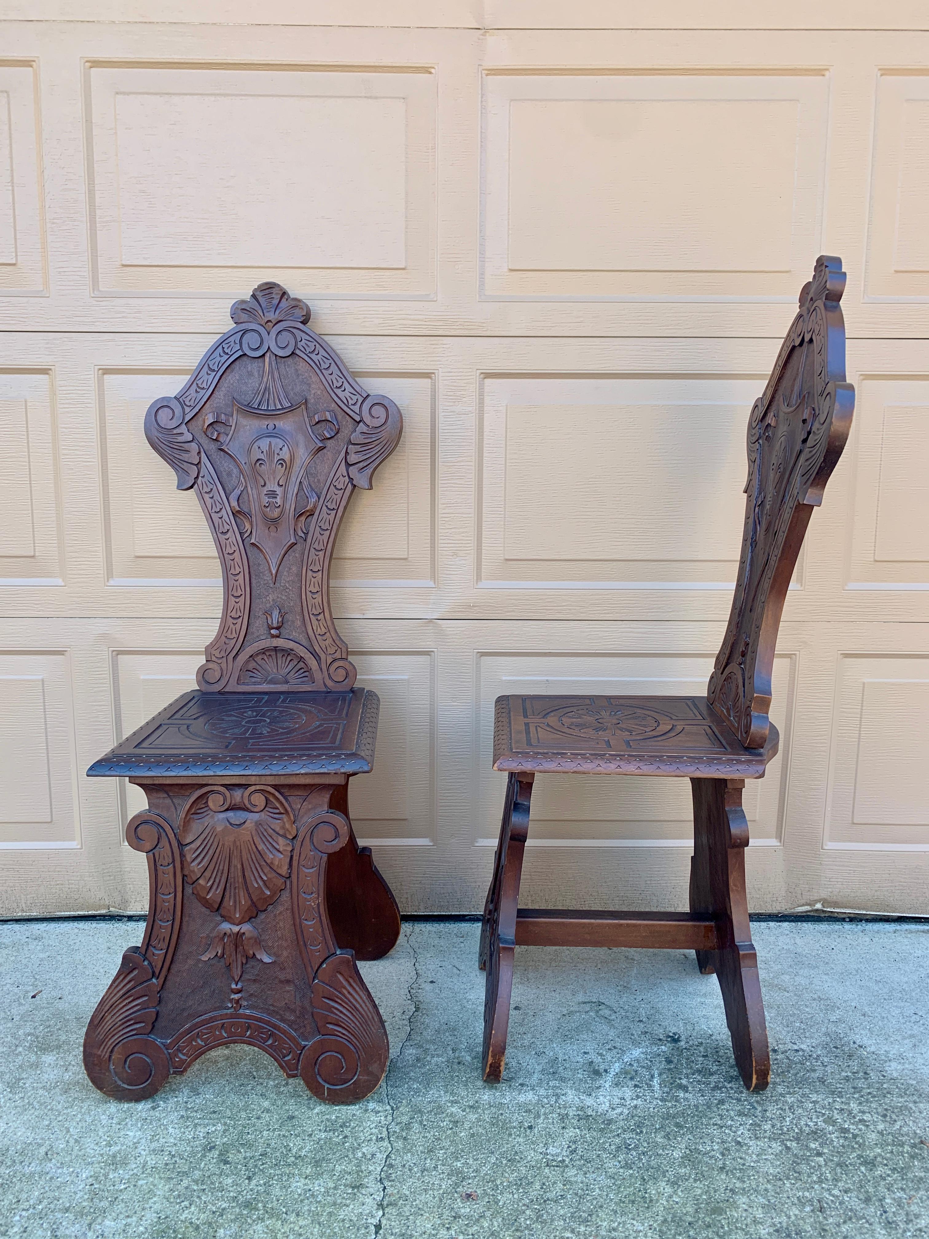 Antique 19th Century Italian Renaissance Hand Carved Walnut Hall Chairs, Pair For Sale 5