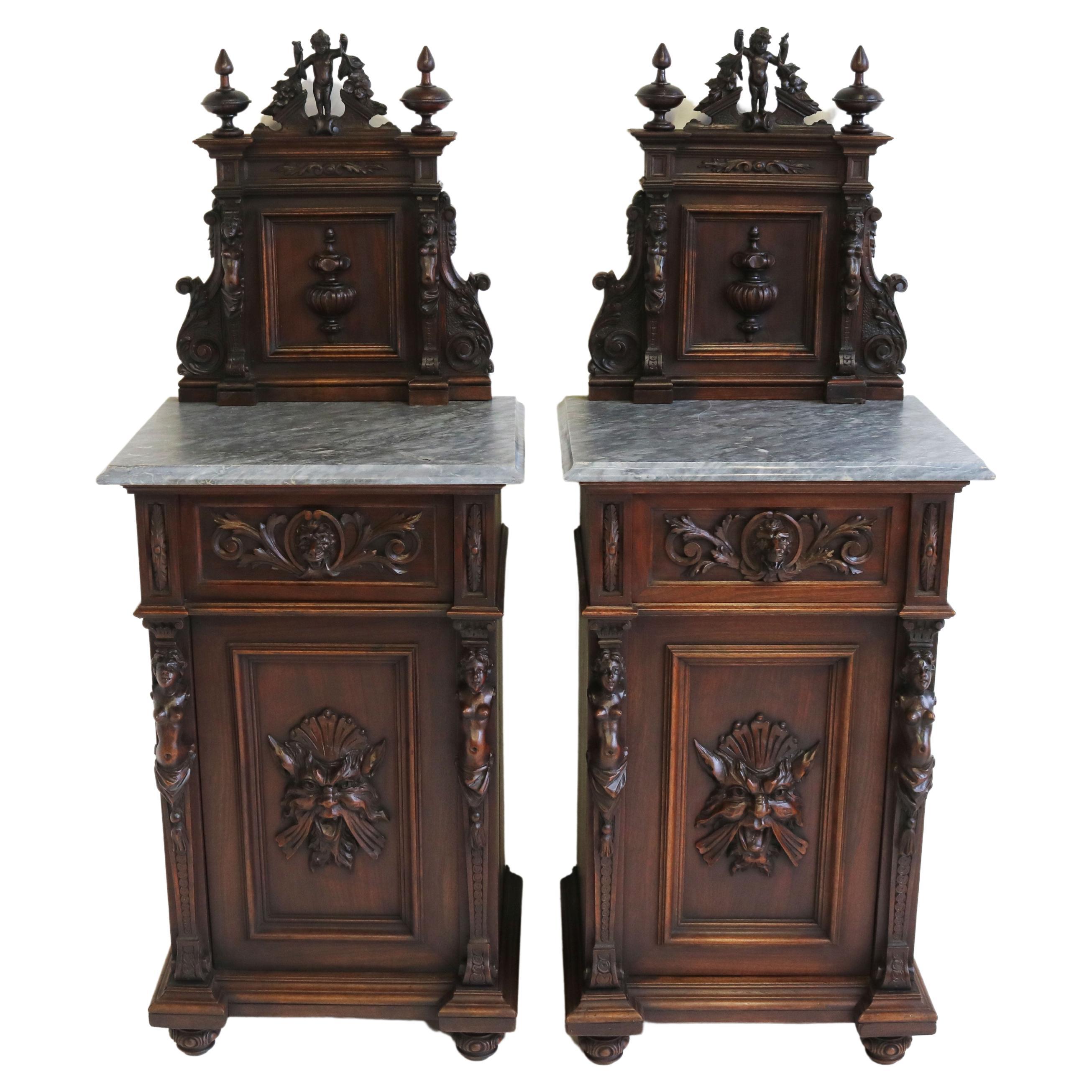 Antique 19th Century Italian Renaissance Revival Bedside Tables / Nightstands For Sale