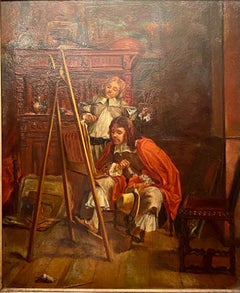 Antique 19th Century Italian School Oil Painting on Panel "The Lesson, " Ca. 1880
