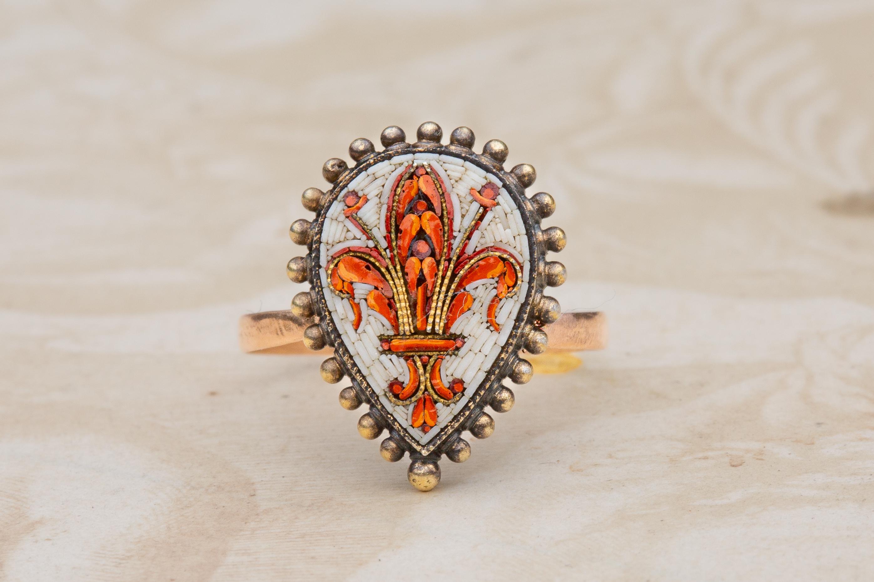 This beautiful micromosaic dates to the late-19th century, circa 1870. Wearing micromosaic jewellery became popular during the Grand Tour period where members of wealthy, aristocratic families would travel across Europe, taking in the sights and