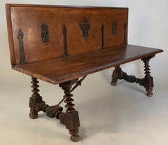 Antique 19th Century Italian Walnut Bench with Spindle Leg and Iron Base