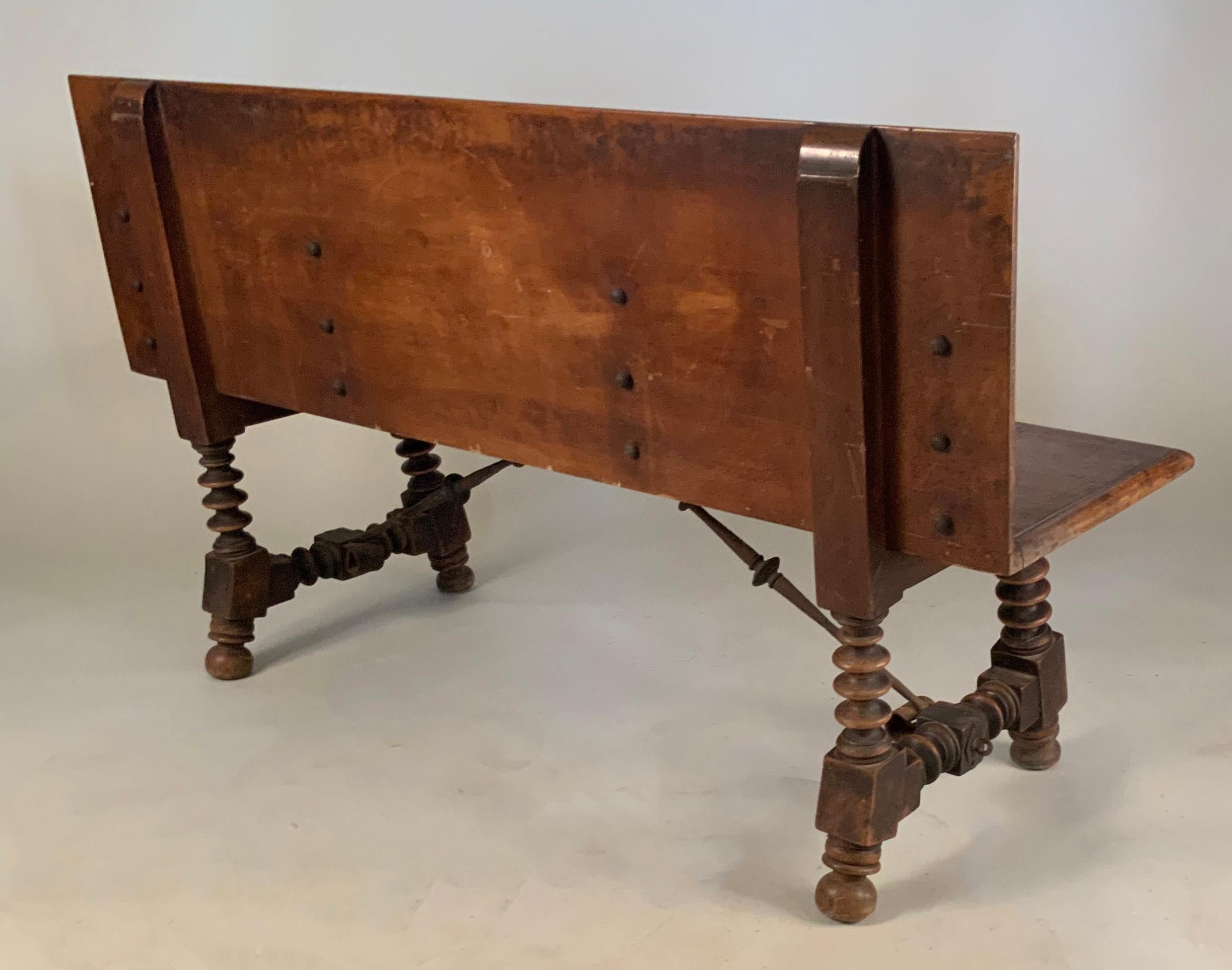 Antique 19th Century Italian Walnut Bench with Spindle Leg and Iron Base 5