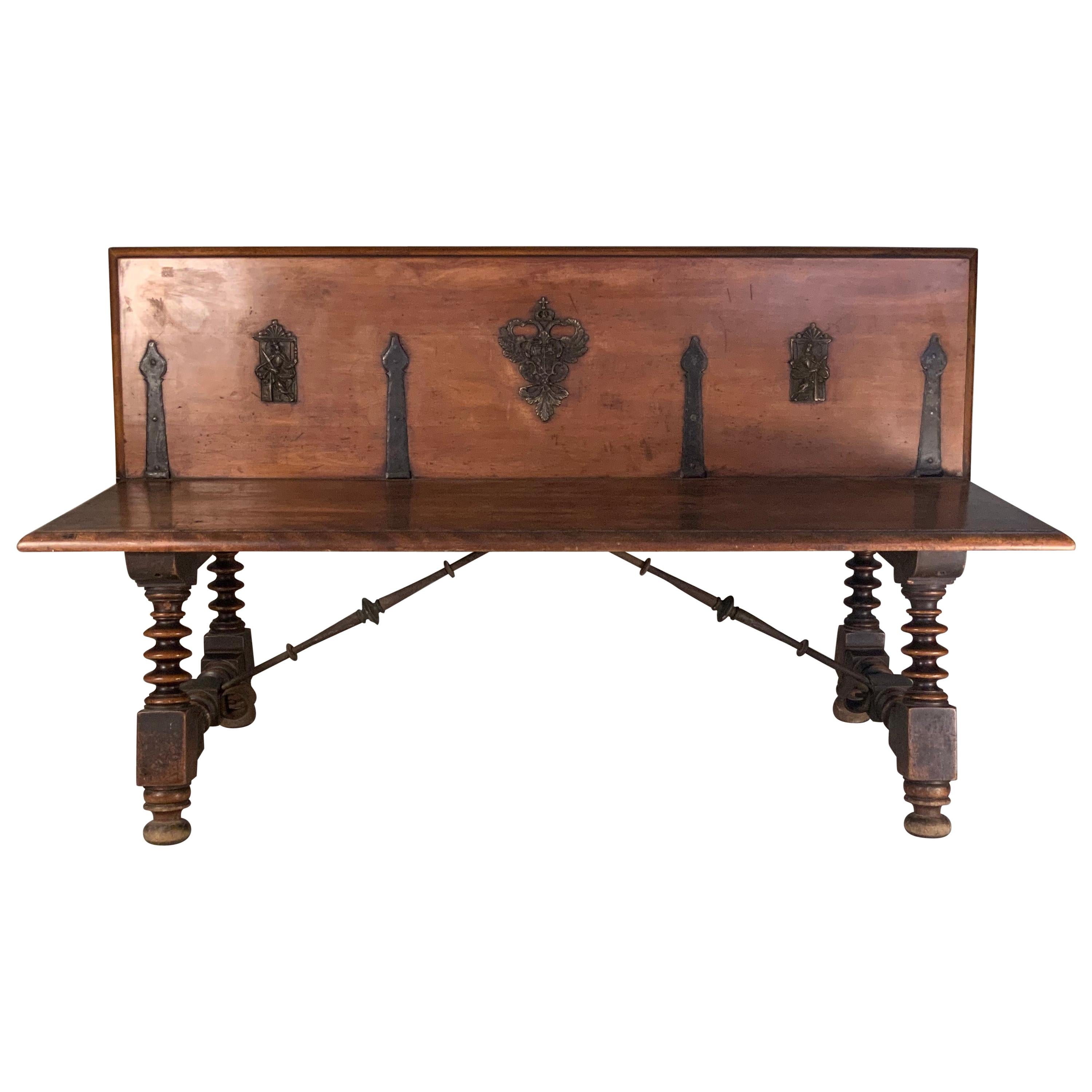 Antique 19th Century Italian Walnut Bench with Spindle Leg and Iron Base