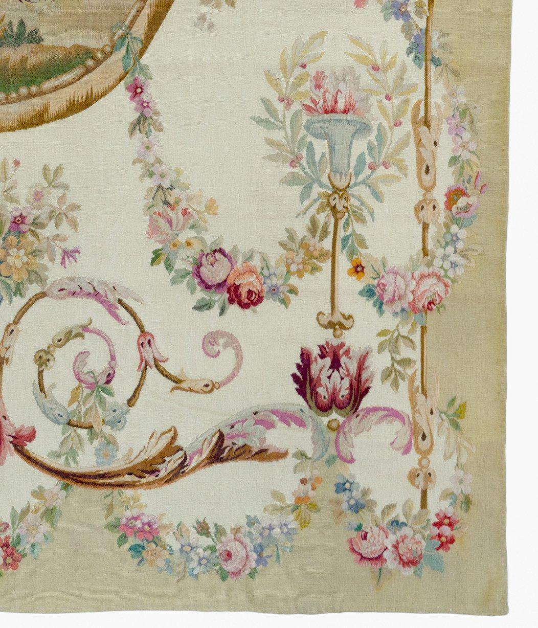 Hand-Woven Antique 19th Century Ivory Ornate Floral French Aubusson Tapestry For Sale