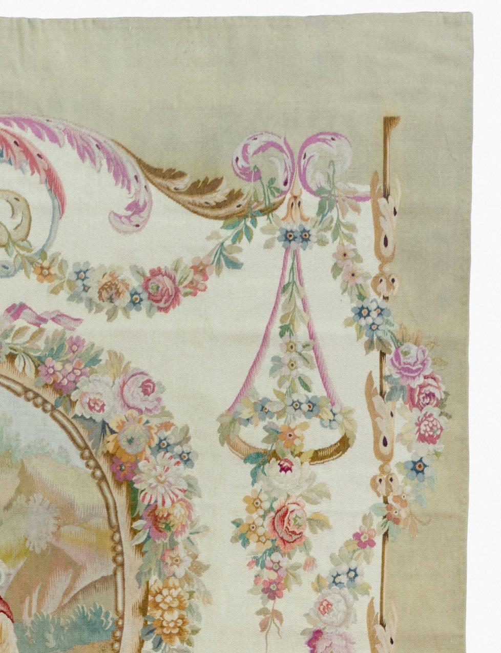 Antique 19th Century Ivory Ornate Floral French Aubusson Tapestry In Good Condition For Sale In New York, NY