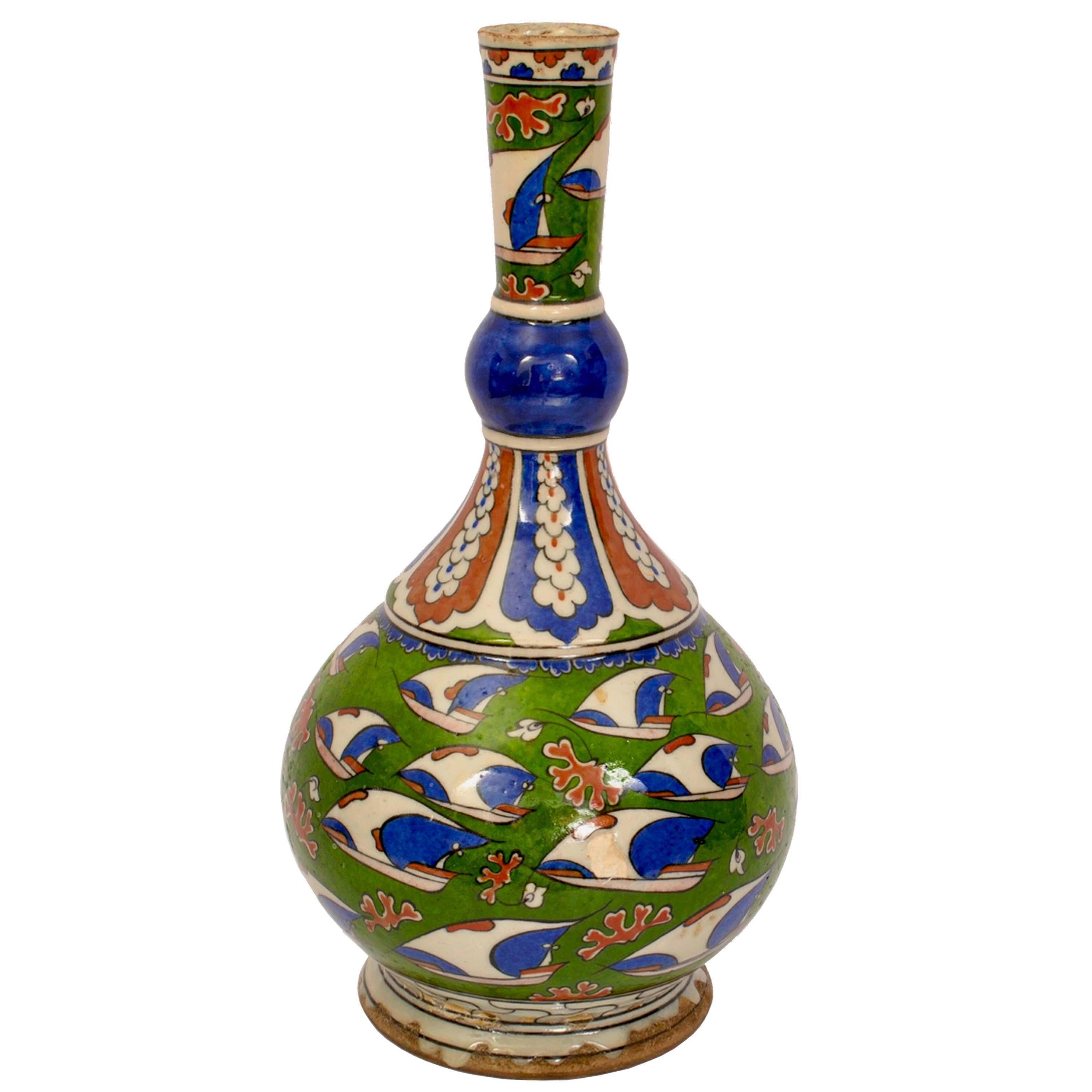 A very good & large example of an antique Iznik style pottery bottle vase by the Samson factory, Paris, Circa 1880.
Edme Samson had created beautiful pottery in the Persian, Islamic, Iznik and Hispano Moresque styles in the late 19th century. This