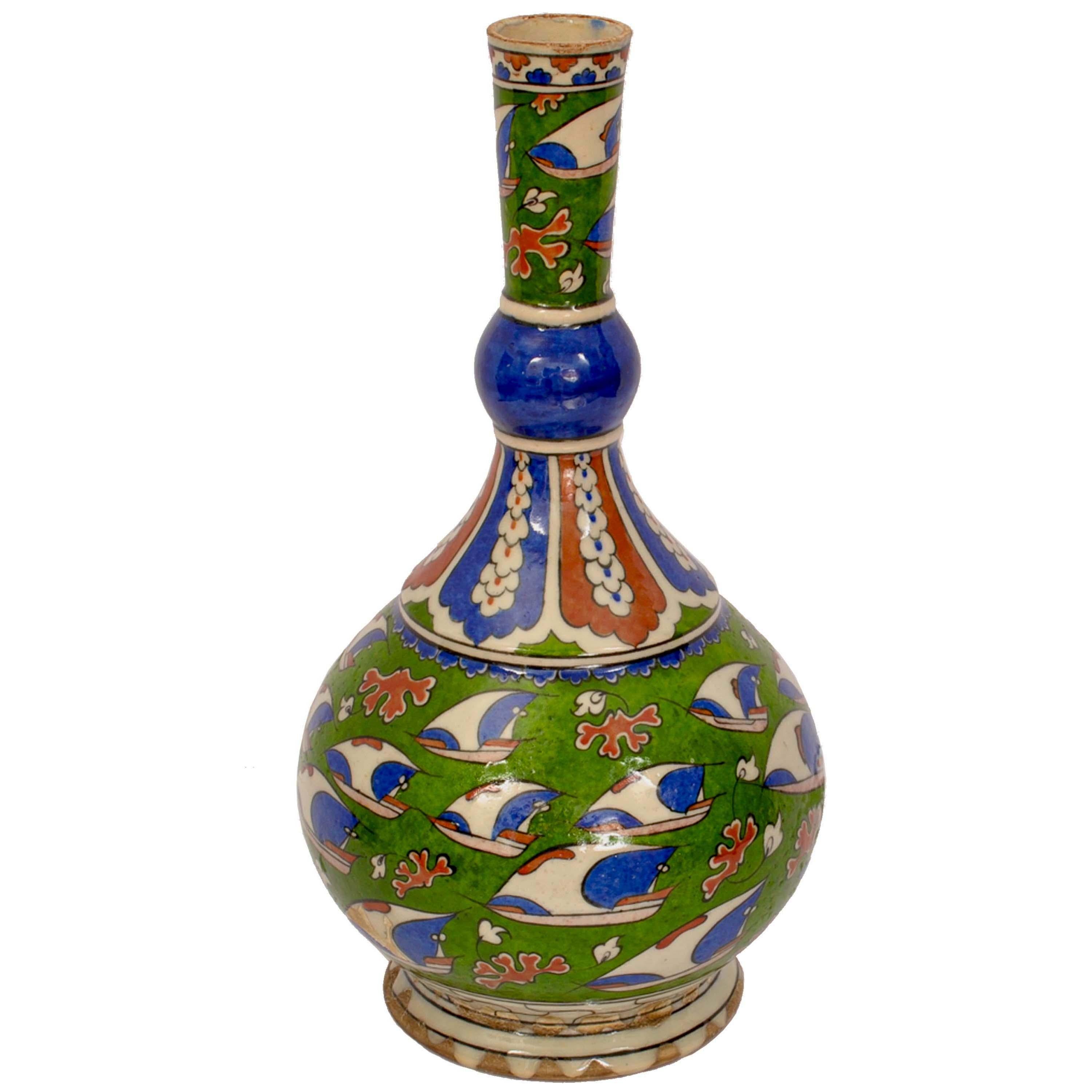 Antique 19th Century Iznik Style Islamic Pottery Bottle Shaped Vase Samson 1880 In Good Condition In Portland, OR