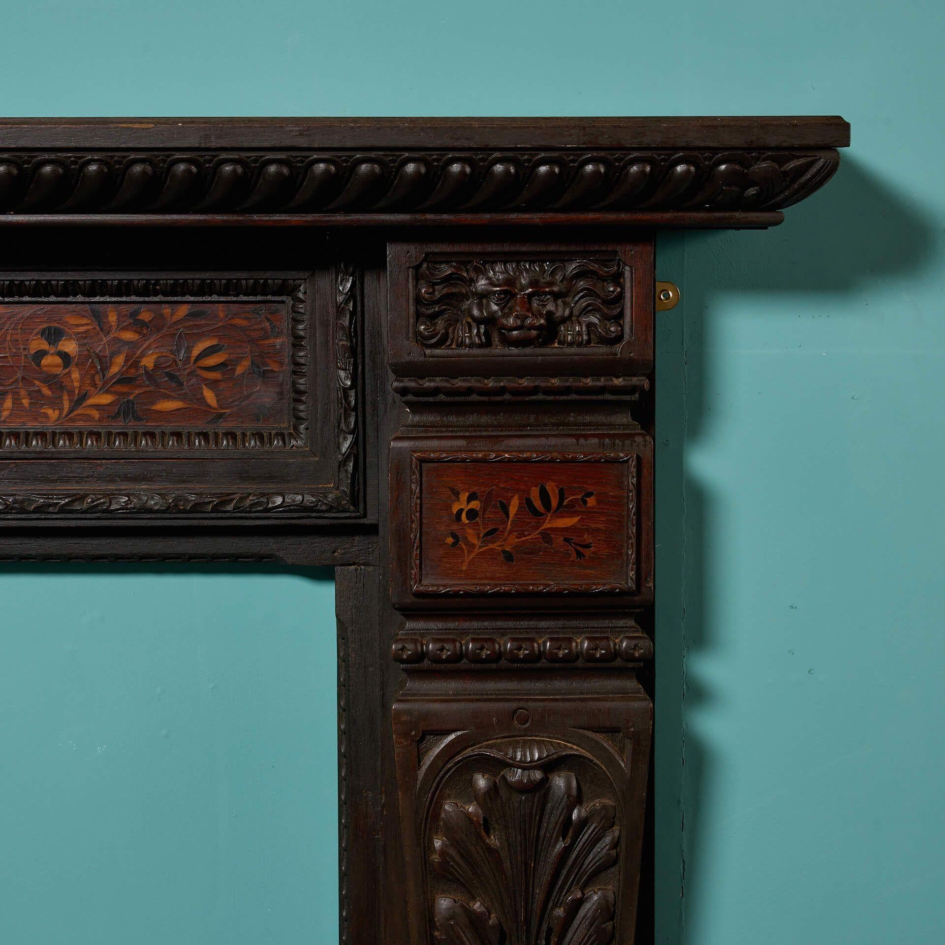 Gothic Antique 19th century Jacobean Carved Oak Fireplace For Sale