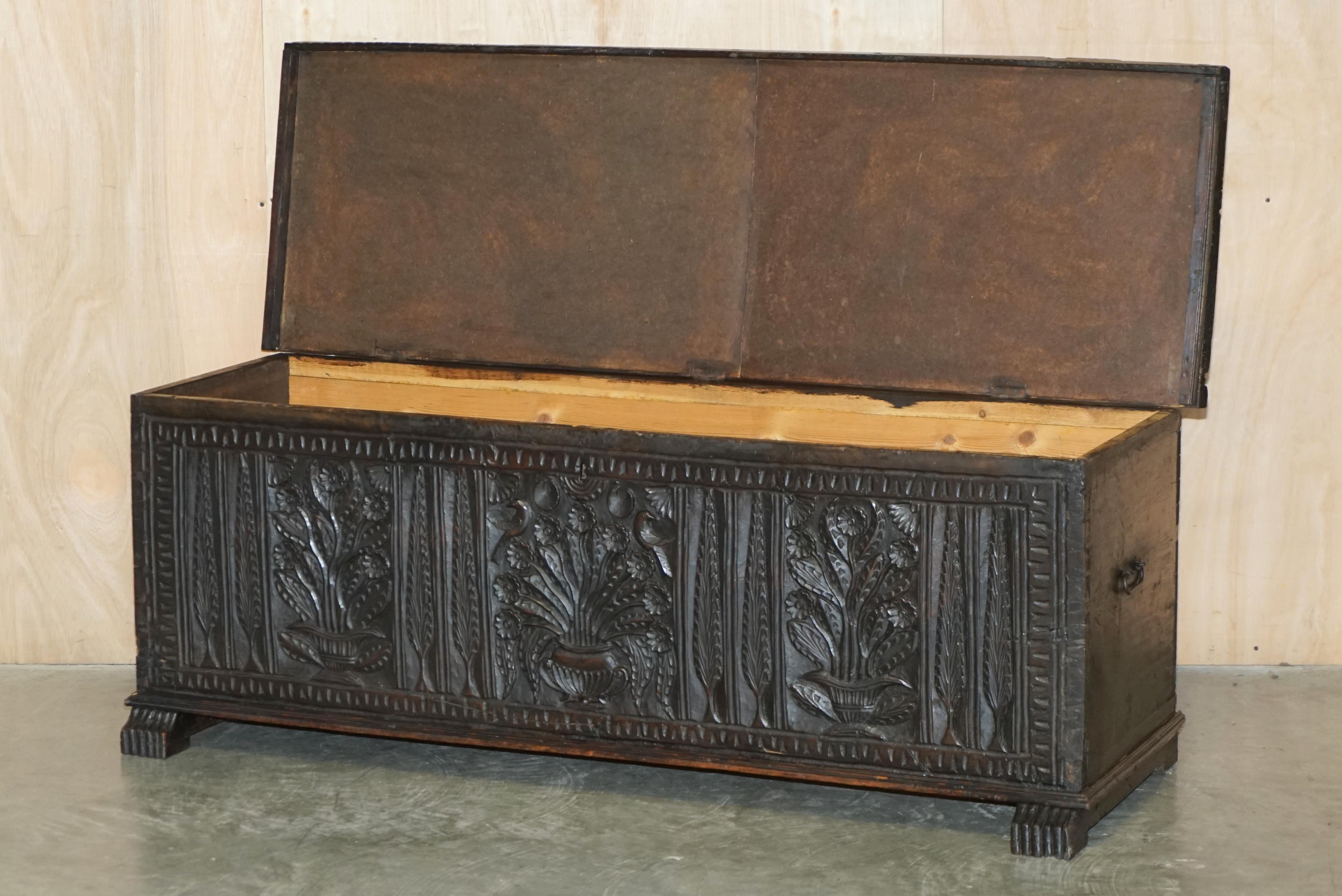 ANTIQUE 19TH CENTURY JACOBEAN REViVAL HAND CARVED TRUNK CHEST OTTOMAN For Sale 11