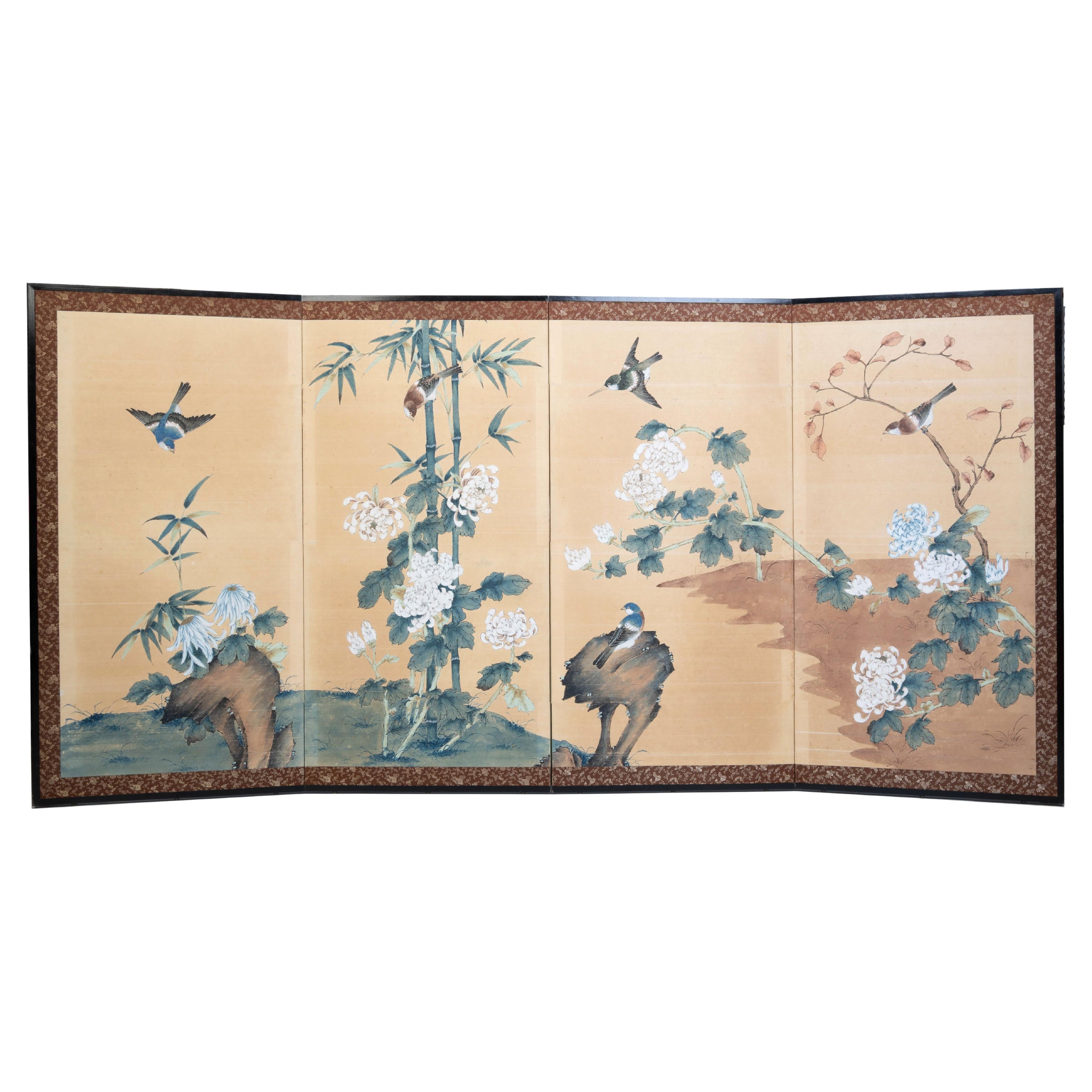 Ancien paravent japonais du XIXe siècle à quatre panneaux Byobu, école Maruyama-Shijo en vente