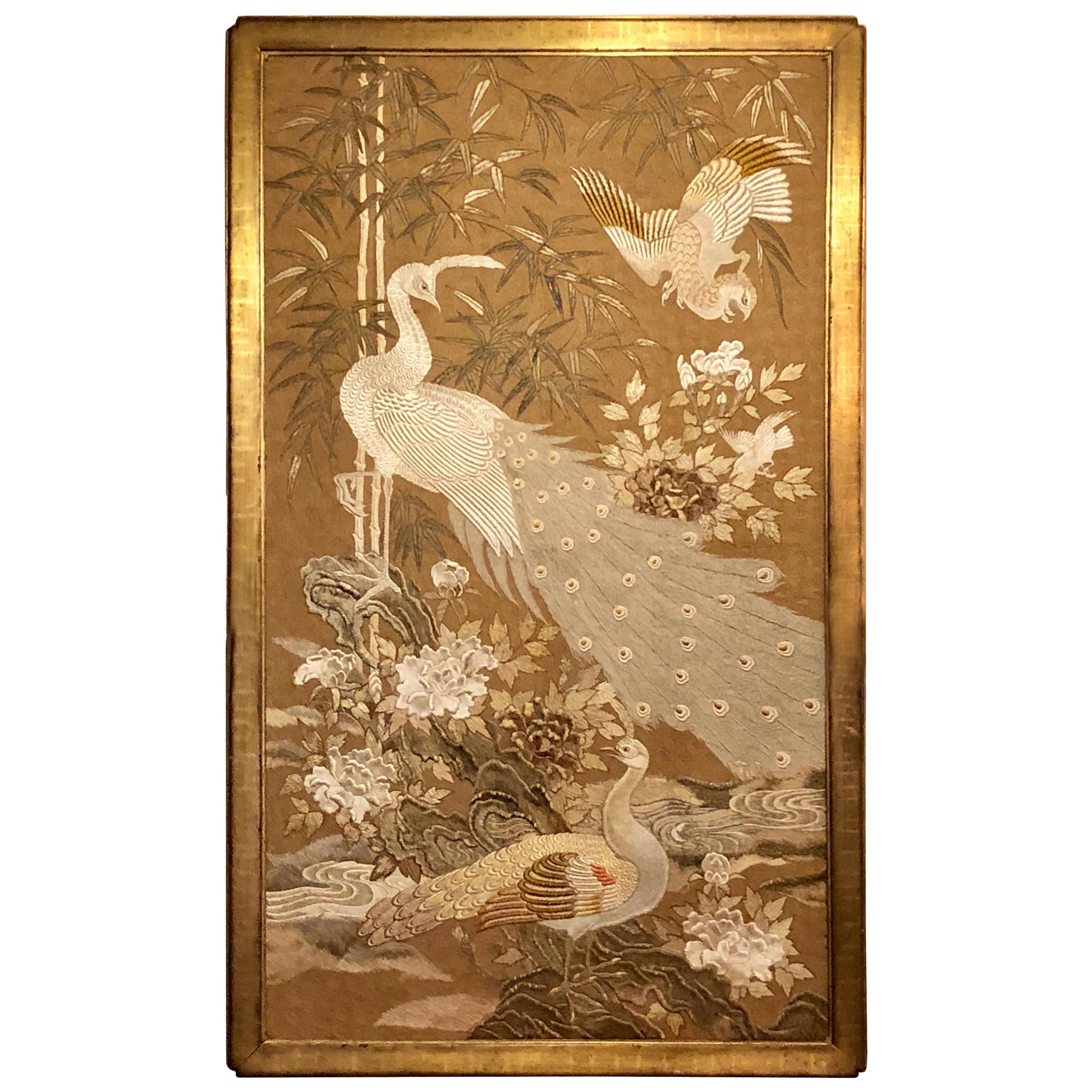 Antique 19th Century Japanese Framed Silk Panel