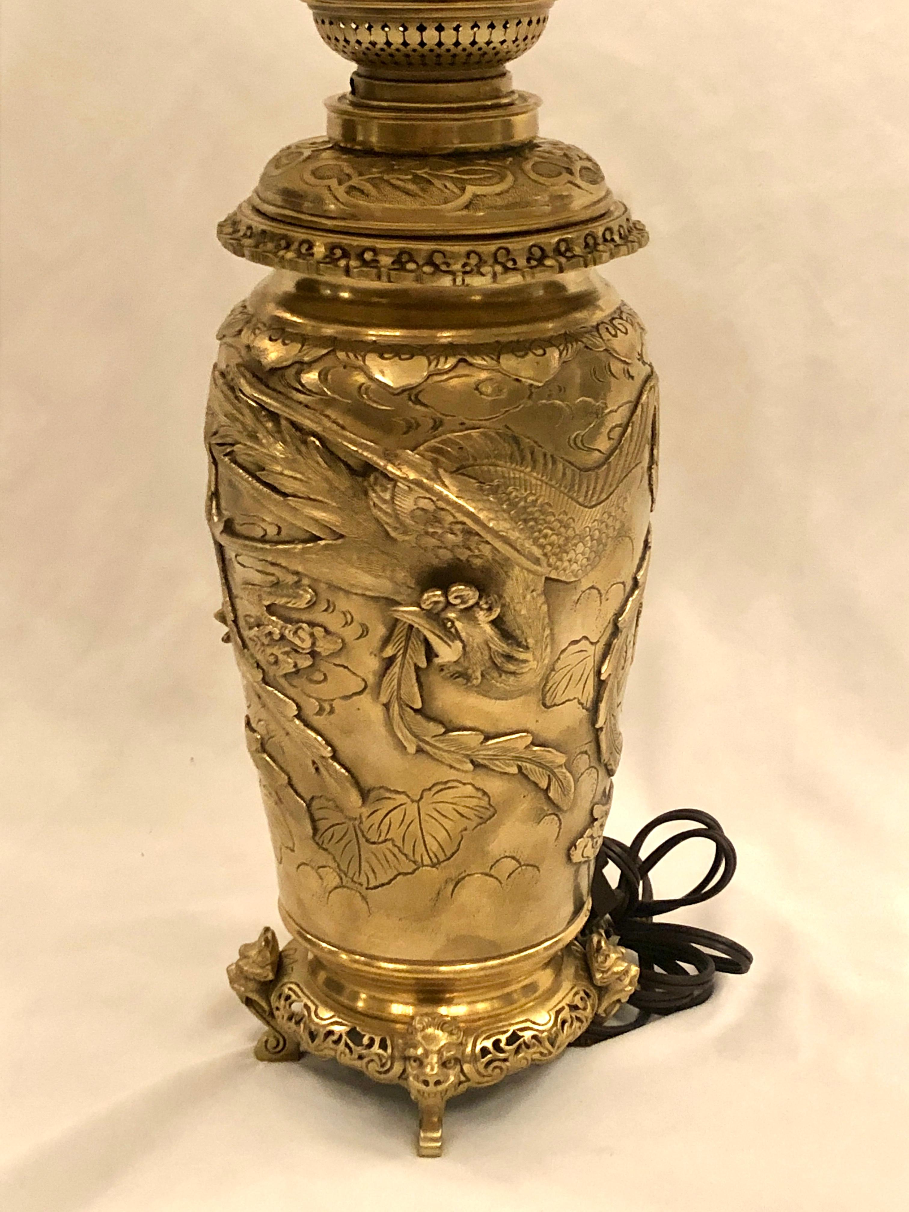 Antique 19th century Japanese gold bronze whale oil lamp (Now Electrified).
Shade shown is 18