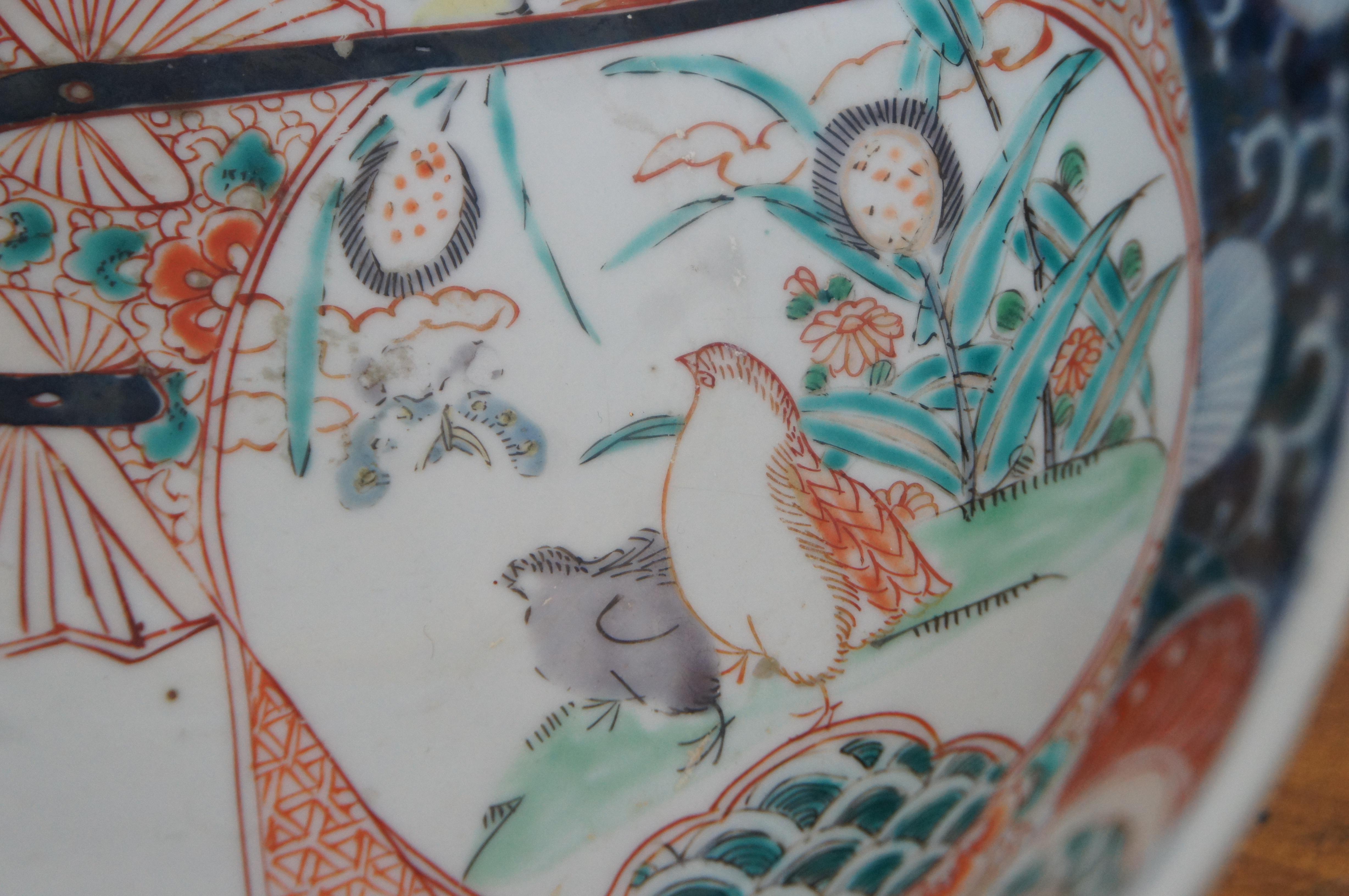Porcelain Antique 19th Century Japanese Imari Phoenix Rabbit Fan Bowl & Stand