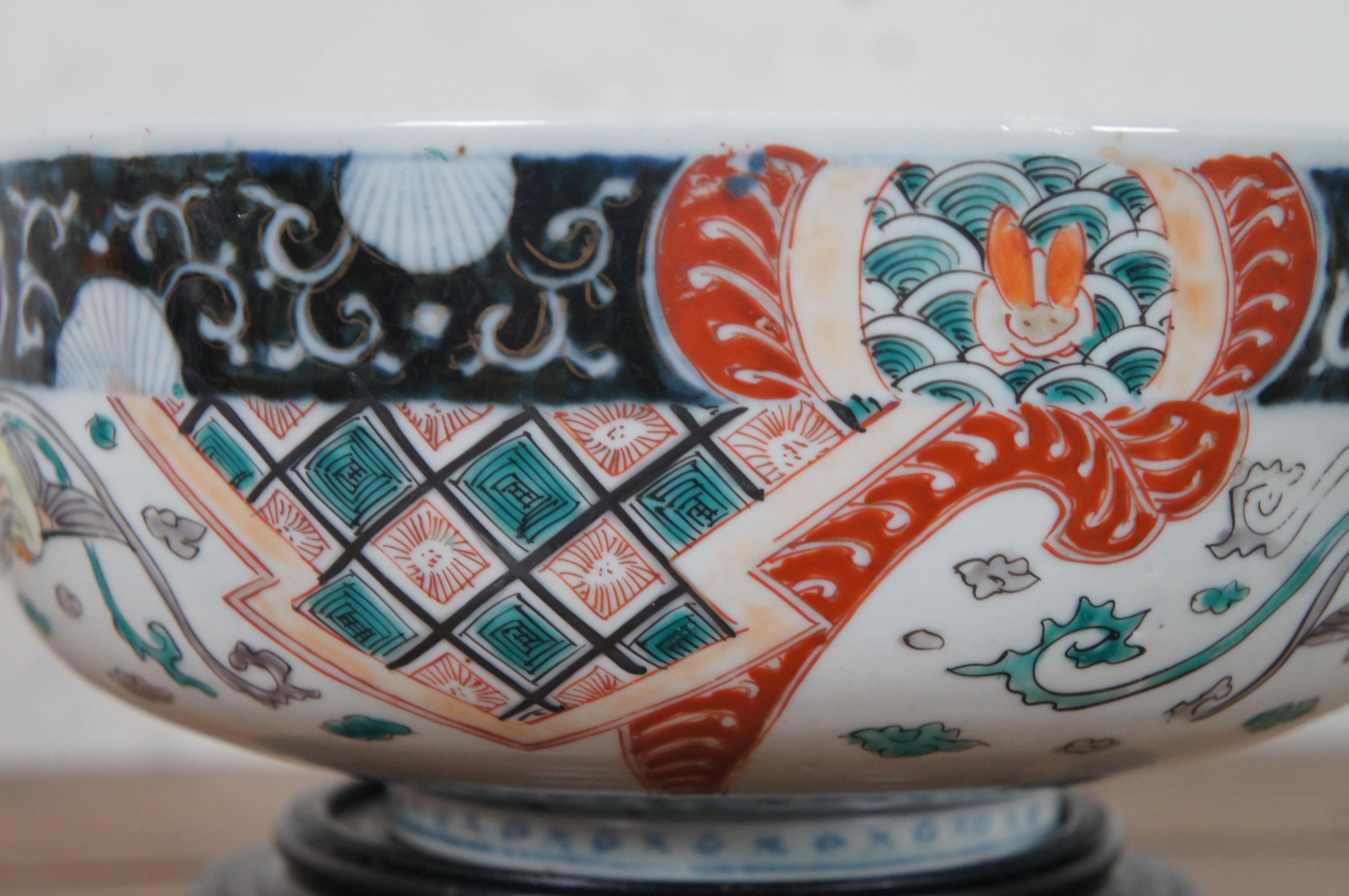 Antique 19th Century Japanese Imari Phoenix Rabbit Fan Bowl & Stand 3
