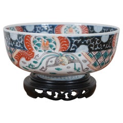 Antike 19. Jahrhundert japanische Imari Phoenix Kaninchen Fan Bowl & Stand 10""