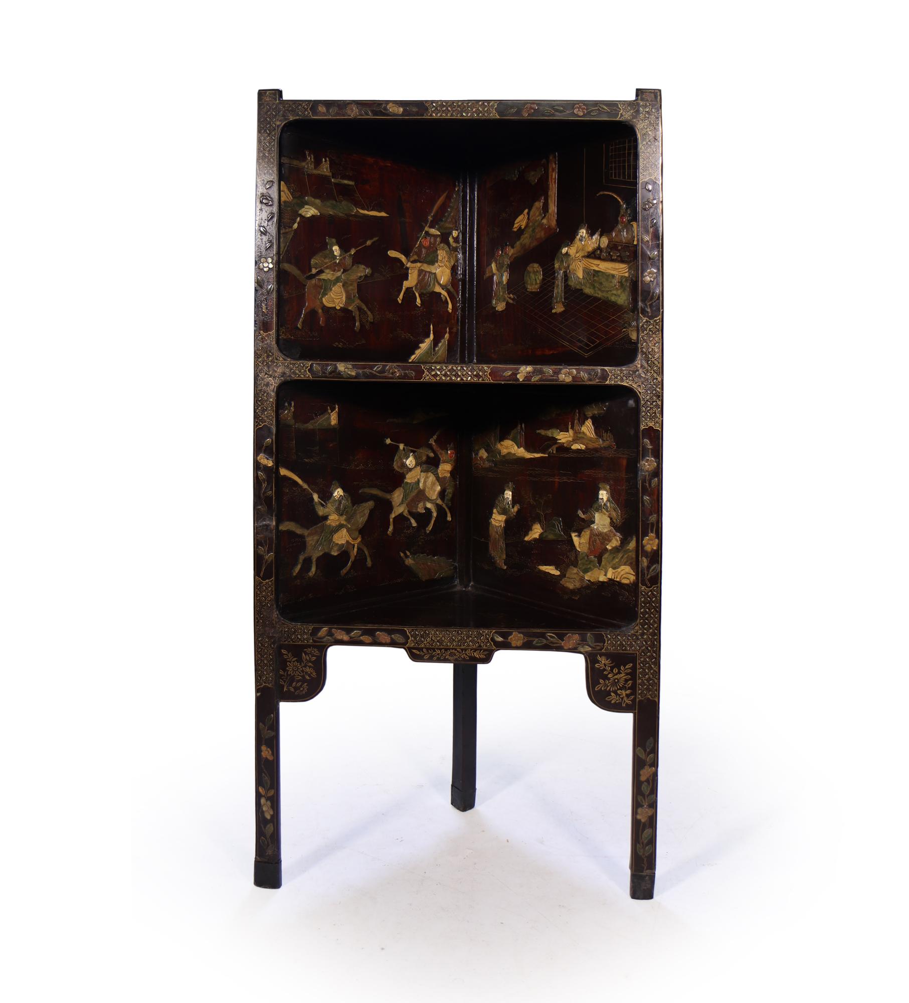 A Japanese lacquered corner stand with figures in battle on horses and home scenes in relief using carved ivory, jade, marble mother of pearl and gilt enamel. In very good condition with a few light repairs over the years

Ivory license reference