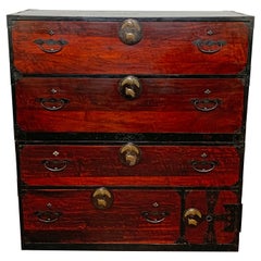 Antique 19th Century Japanese Meiji Tansu with Tsuru-Kame Decoration