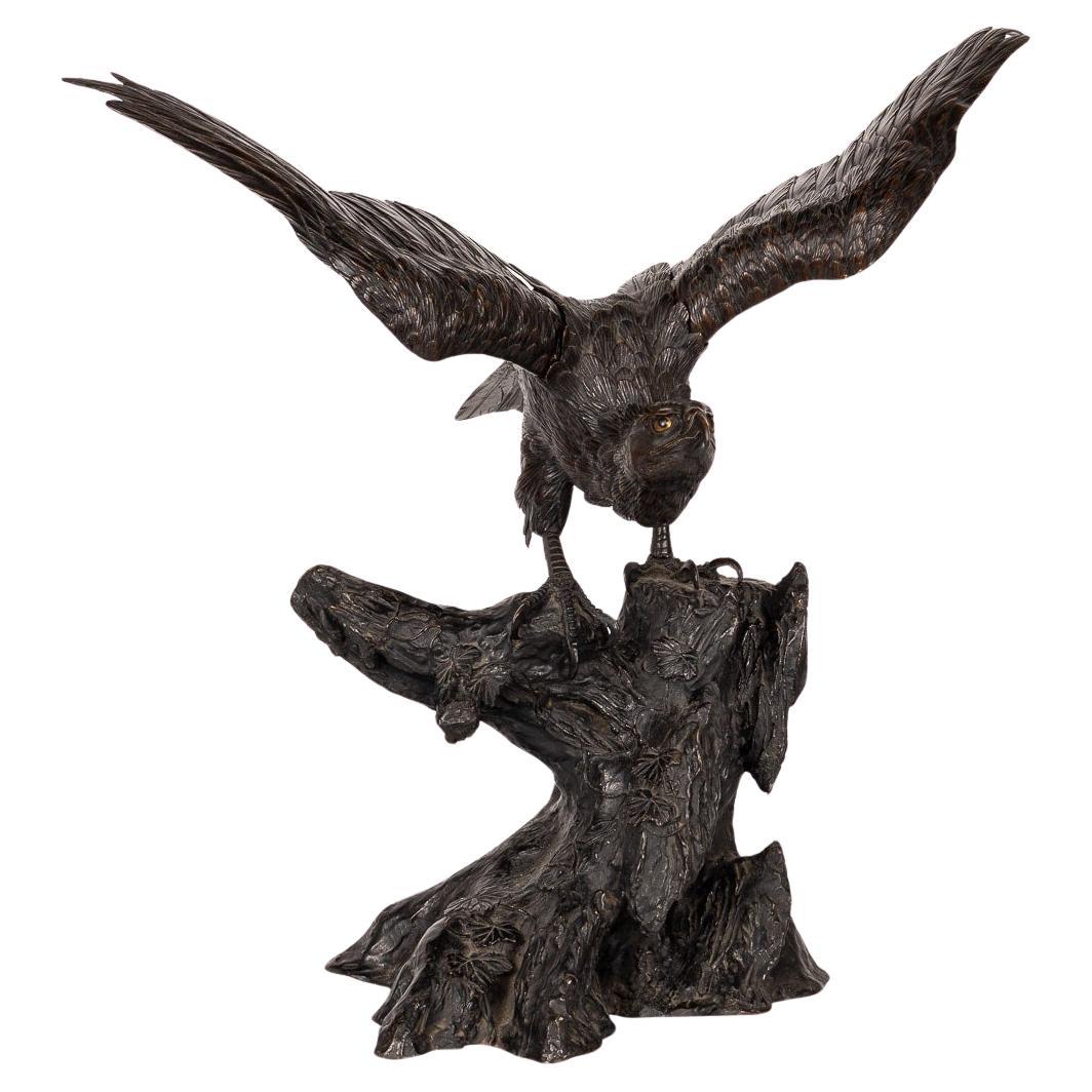 Antique 19th Century Japanese Patinated Bronze Of A Perched Eagle c.1890 For Sale