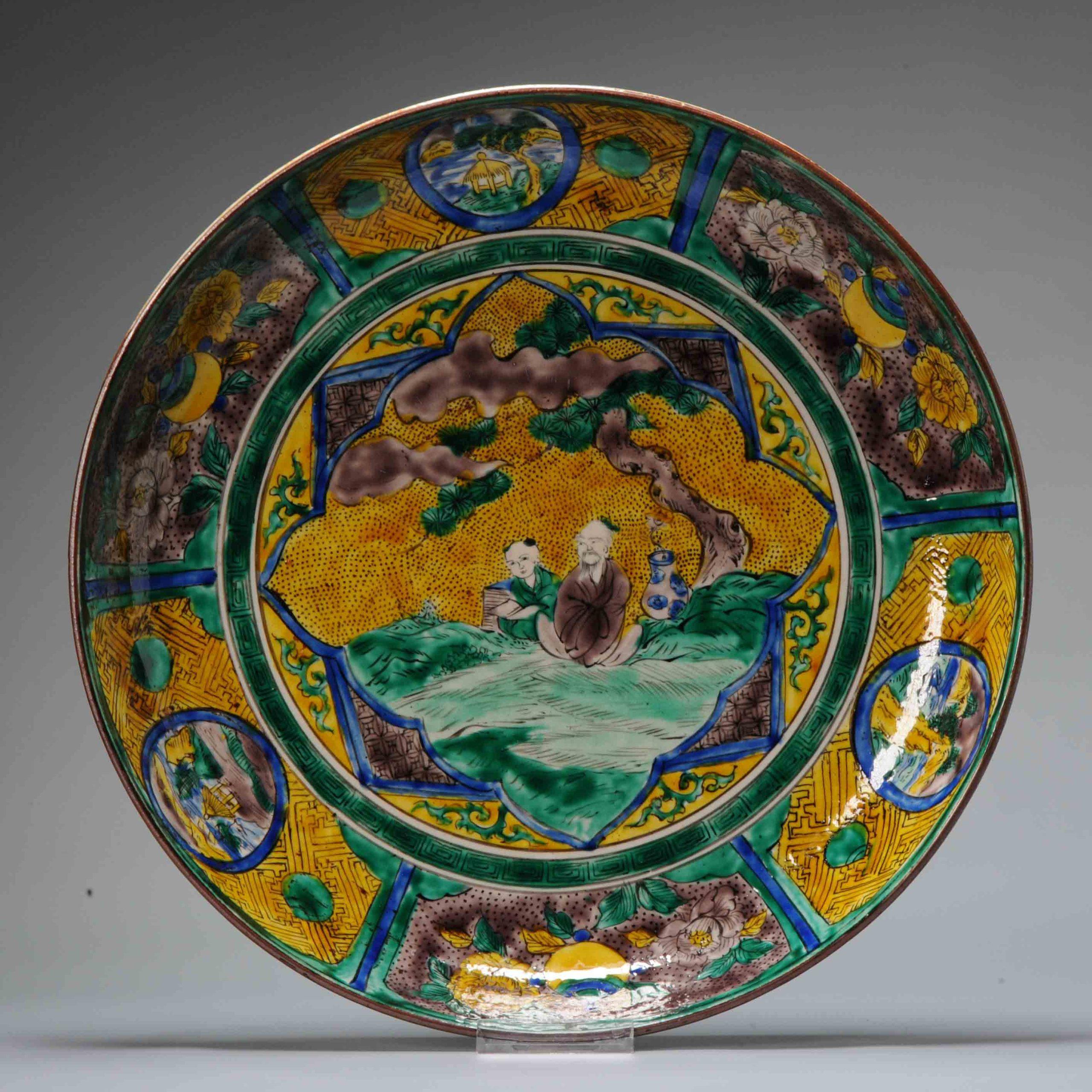 Sharing with you this lovely and unusal Kutani porcelain large dish. The dish is of circular form and has a scene of a wise man and his apprentice in a landscape scene. With beautiful colors and very nicely painted.

Base marked with a Fuku mark.