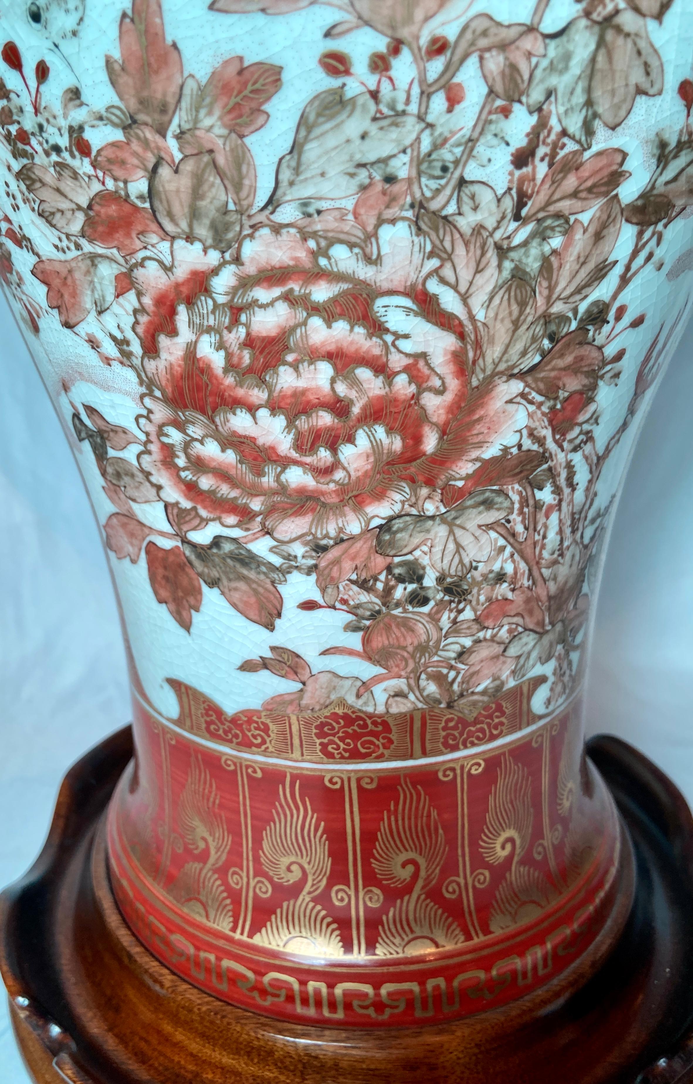 Antique 19th Century Japanese Red Enamel Porcelain W/ Gold Urns Made into Lamps For Sale 1