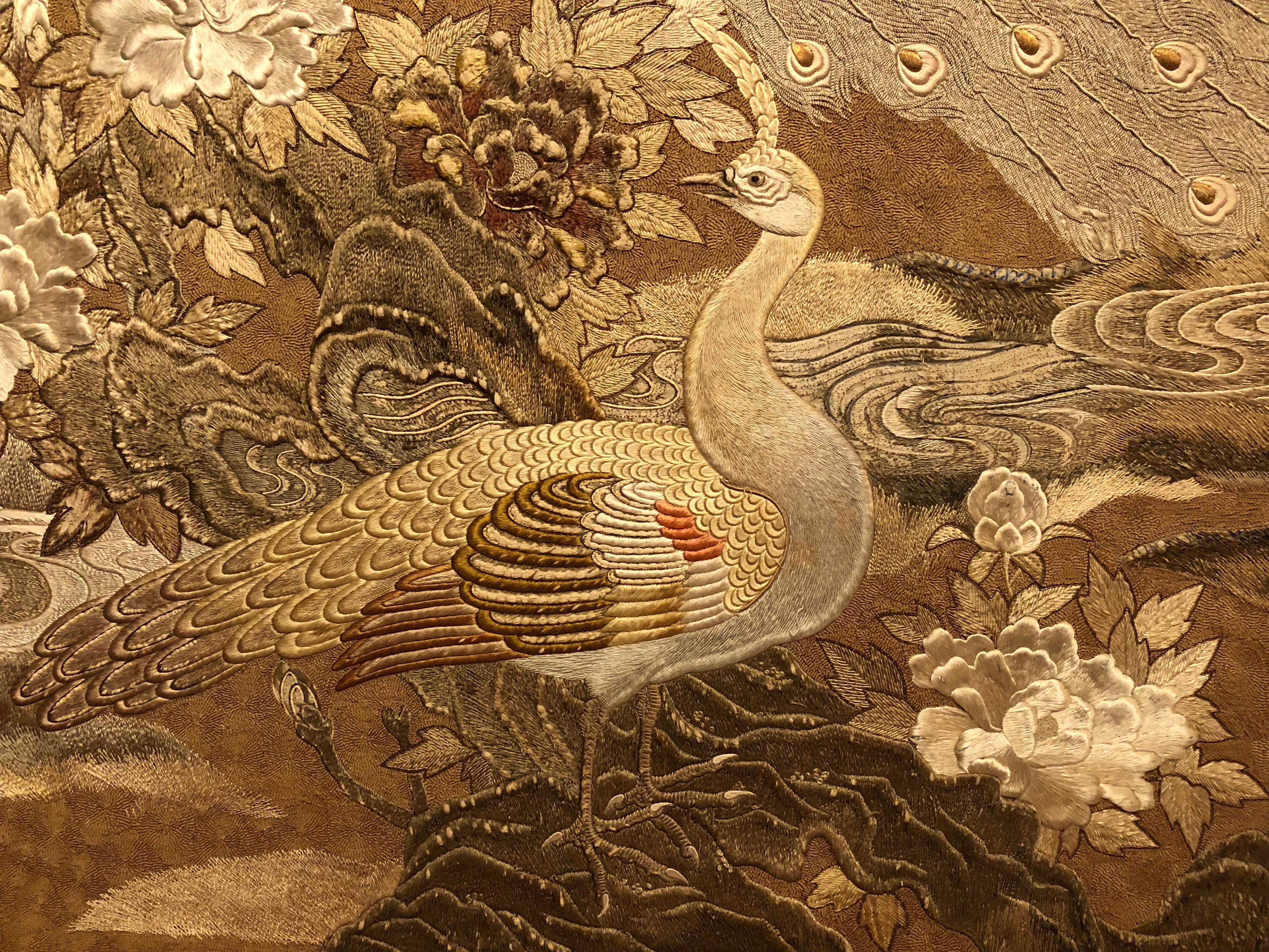 Antique 19th century Japanese framed silk panel.