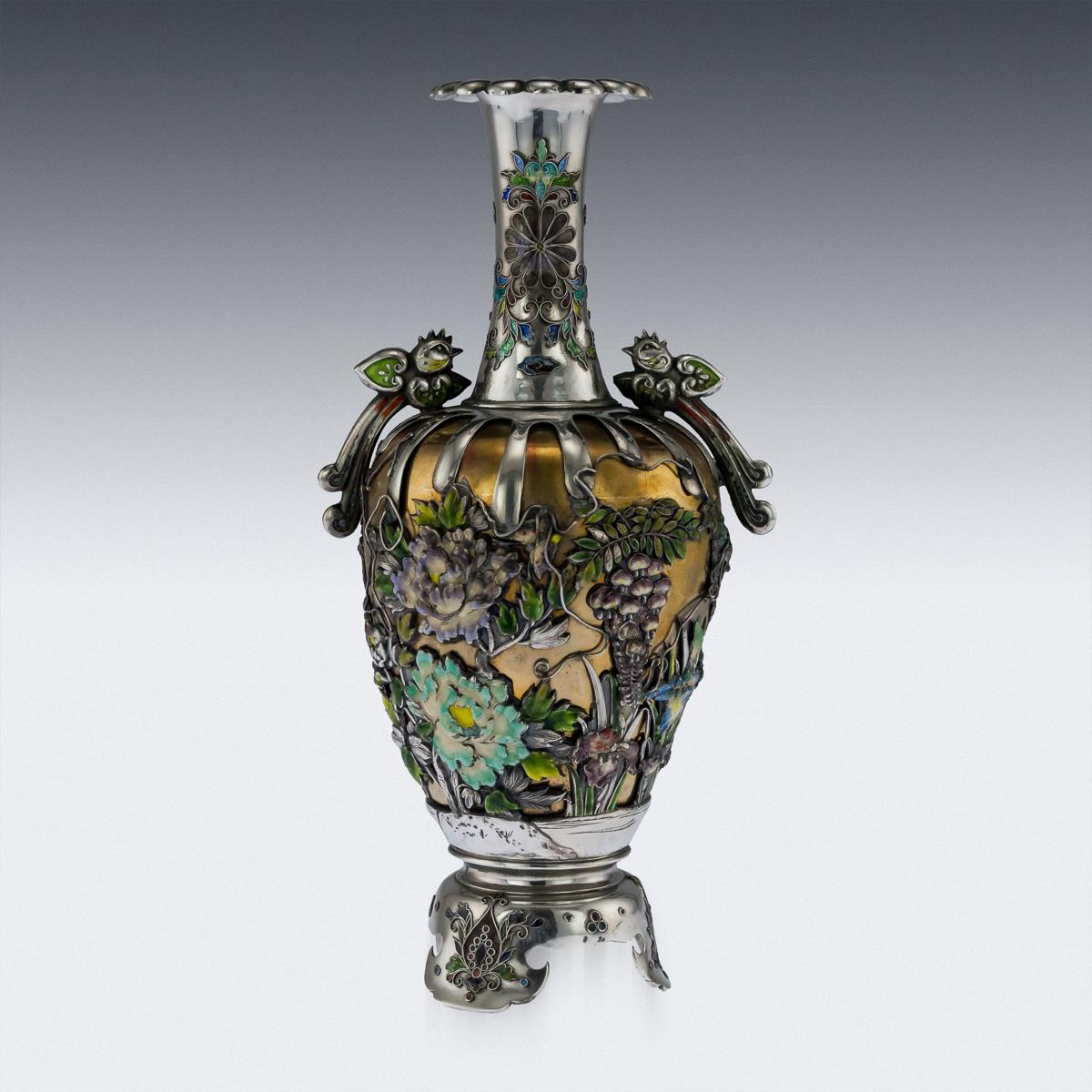 Antique 19th Century Japanese Solid Silver and Enamel Vase, Masayuki, circa 1890 In Excellent Condition In Royal Tunbridge Wells, Kent