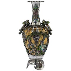 Antique 19th Century Japanese Solid Silver and Enamel Vase, Masayuki, circa 1890